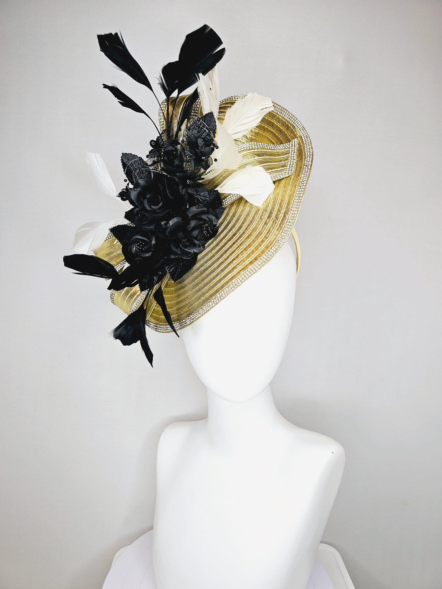 kentucky derby hat fascinator gold saucer with crystal rhinestone beading and beaded bow,white feathers,black satin silk flowers and pearls