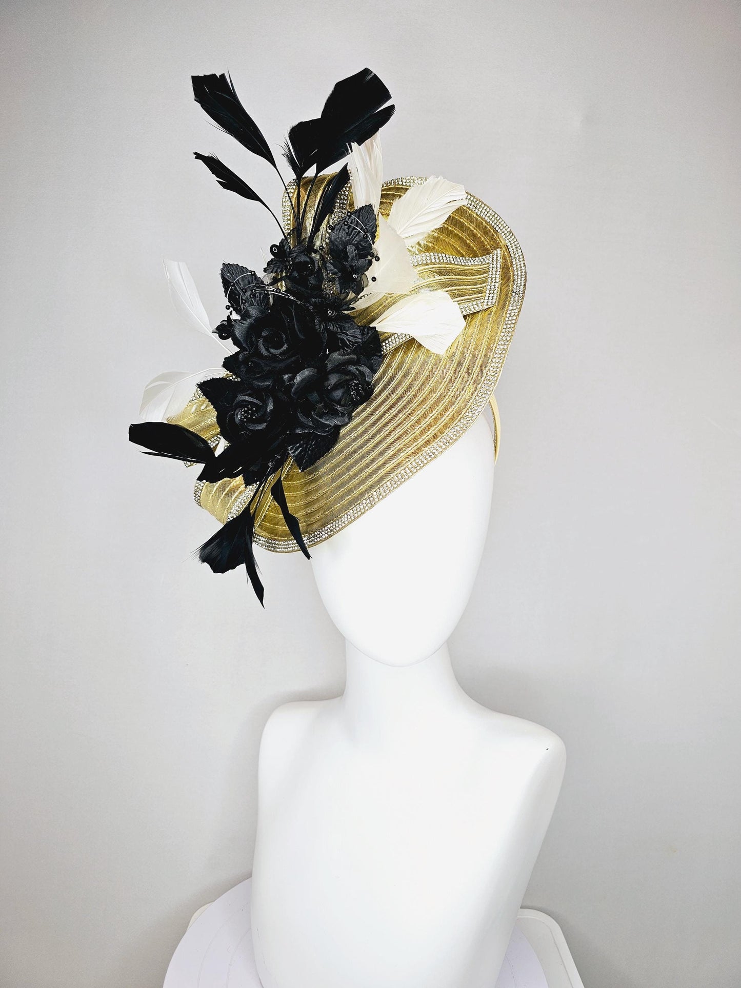 kentucky derby hat fascinator gold saucer with crystal rhinestone beading and beaded bow,white feathers,black satin silk flowers and pearls