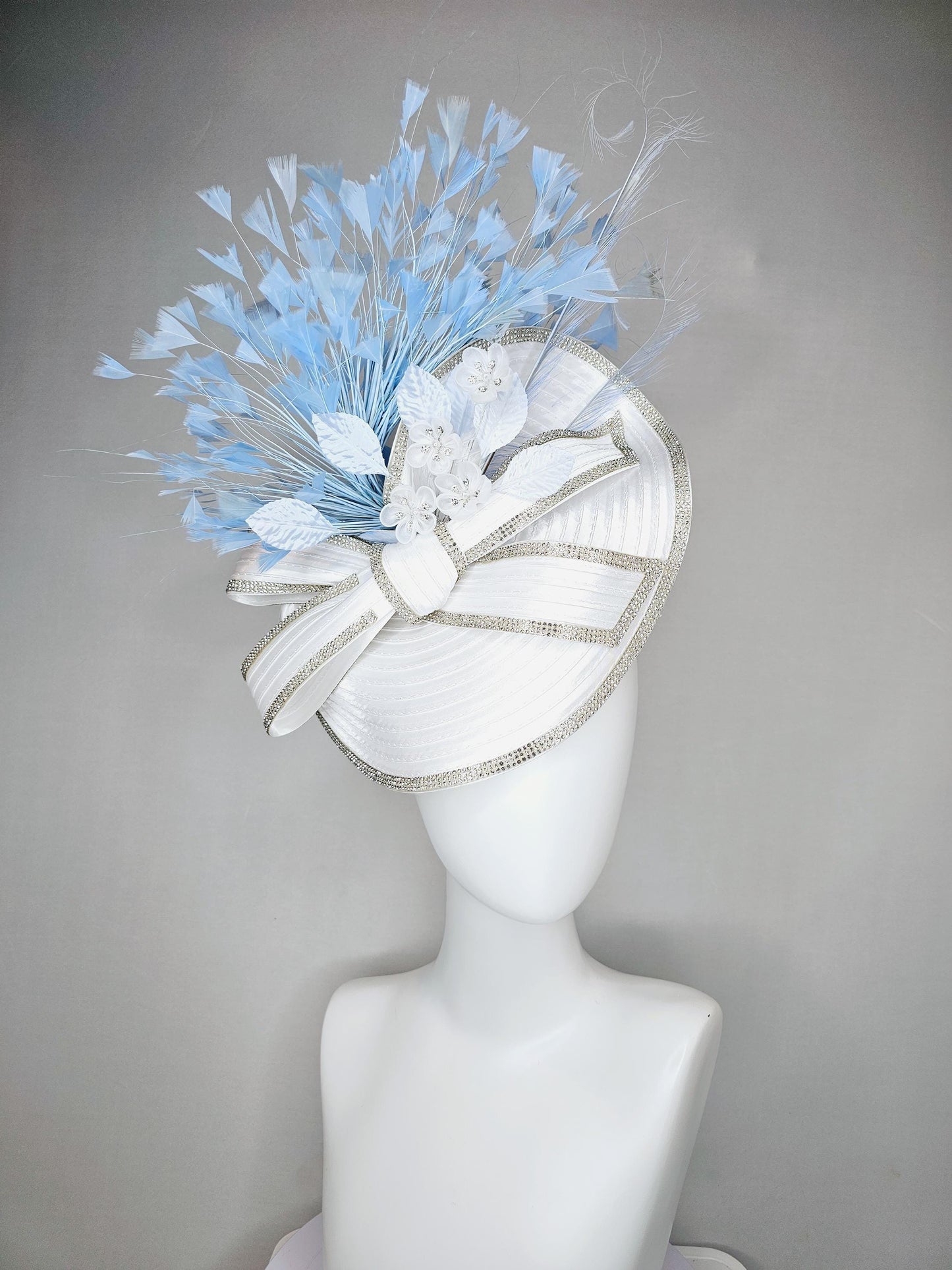 kentucky derby hat fascinator white satin saucer crystal rhinestone beading,large crystal beaded bow,light blue feathers,white silk flowers