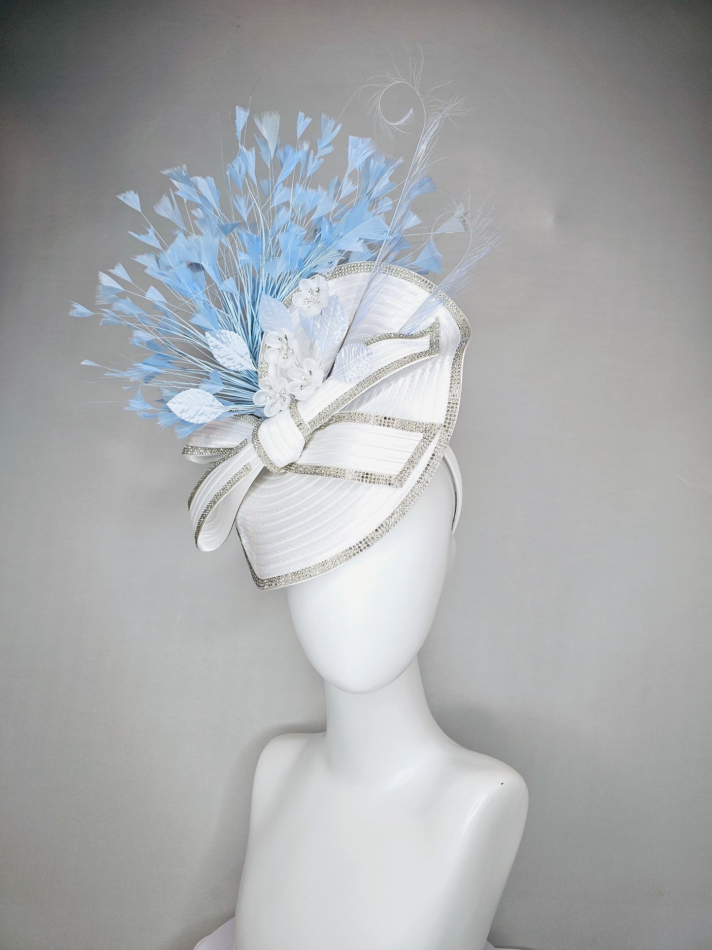 kentucky derby hat fascinator white satin saucer crystal rhinestone beading,large crystal beaded bow,light blue feathers,white silk flowers