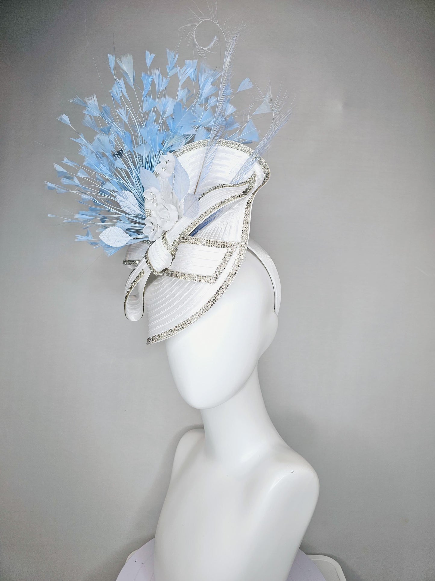 kentucky derby hat fascinator white satin saucer crystal rhinestone beading,large crystal beaded bow,light blue feathers,white silk flowers