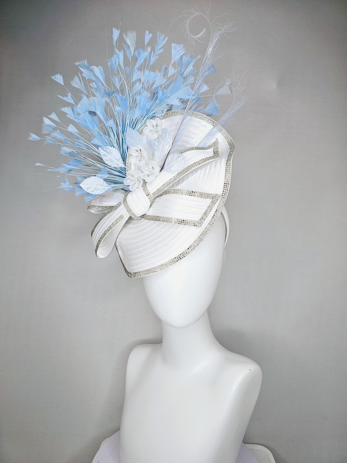 kentucky derby hat fascinator white satin saucer crystal rhinestone beading,large crystal beaded bow,light blue feathers,white silk flowers