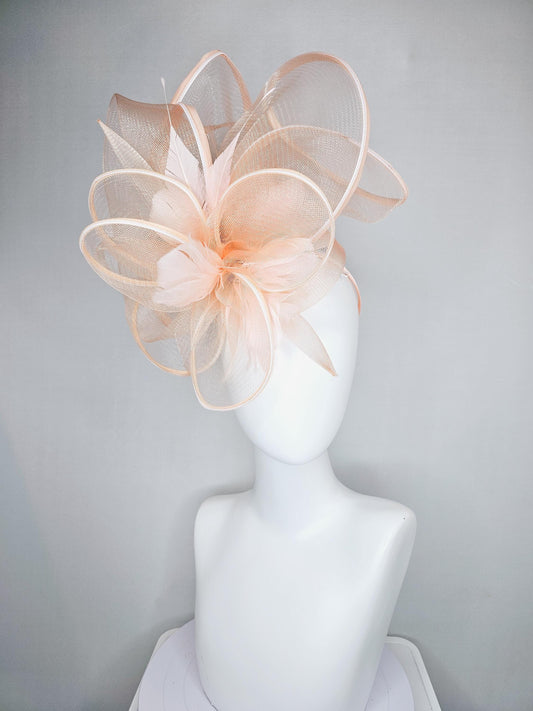 kentucky derby hat fascinator with light blush pink mesh and wired ribbon large bendable decor with light blush pink branching feathers