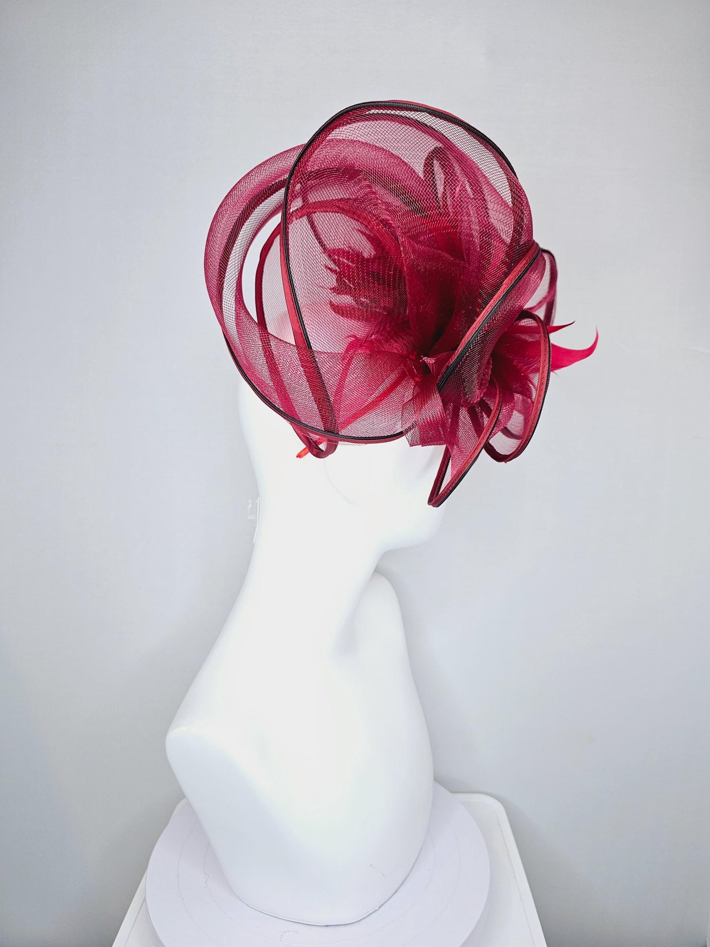 kentucky derby hat fascinator with red burgundy wine mesh and wired ribbon large bendable decor with red branching feathers