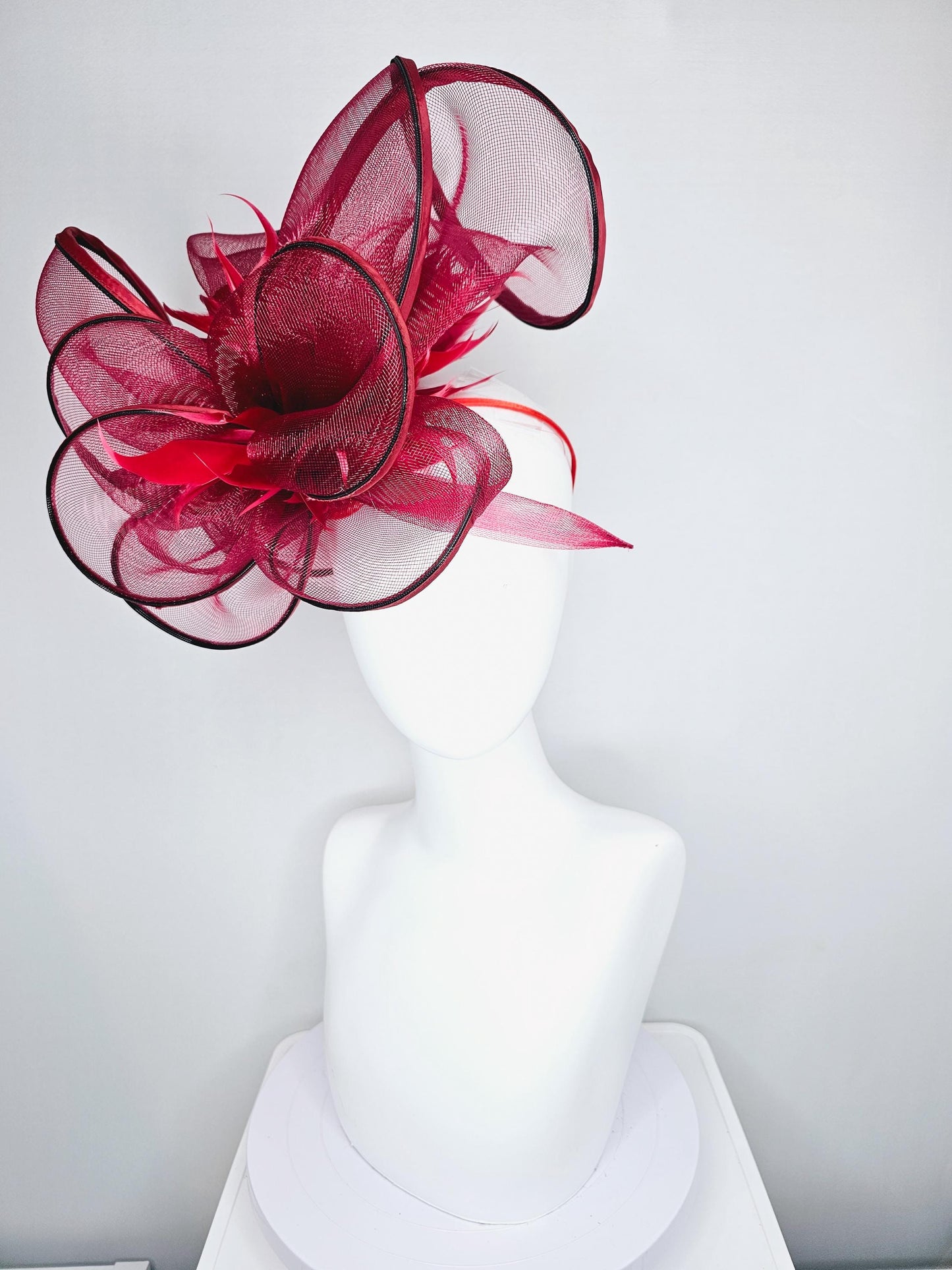 kentucky derby hat fascinator with red burgundy wine mesh and wired ribbon large bendable decor with red branching feathers