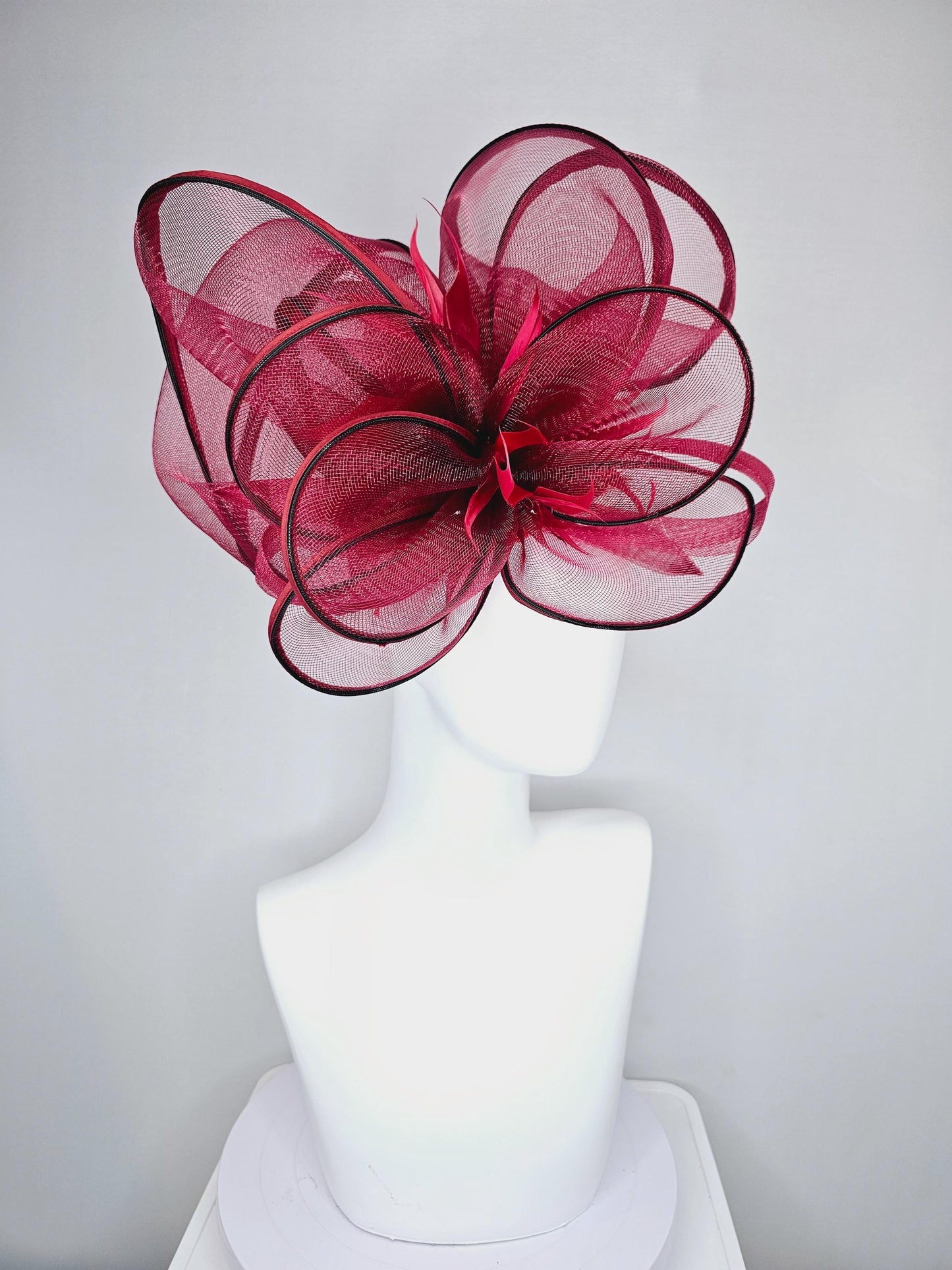 kentucky derby hat fascinator with red burgundy wine mesh and wired ribbon large bendable decor with red branching feathers