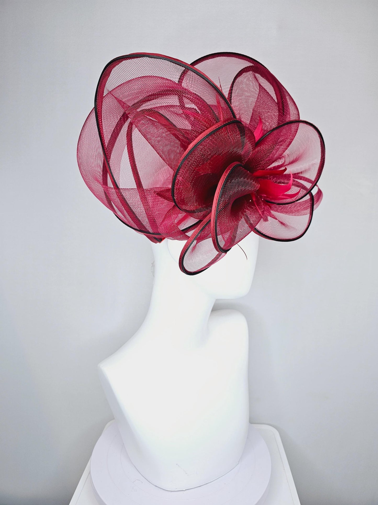 kentucky derby hat fascinator with red burgundy wine mesh and wired ribbon large bendable decor with red branching feathers