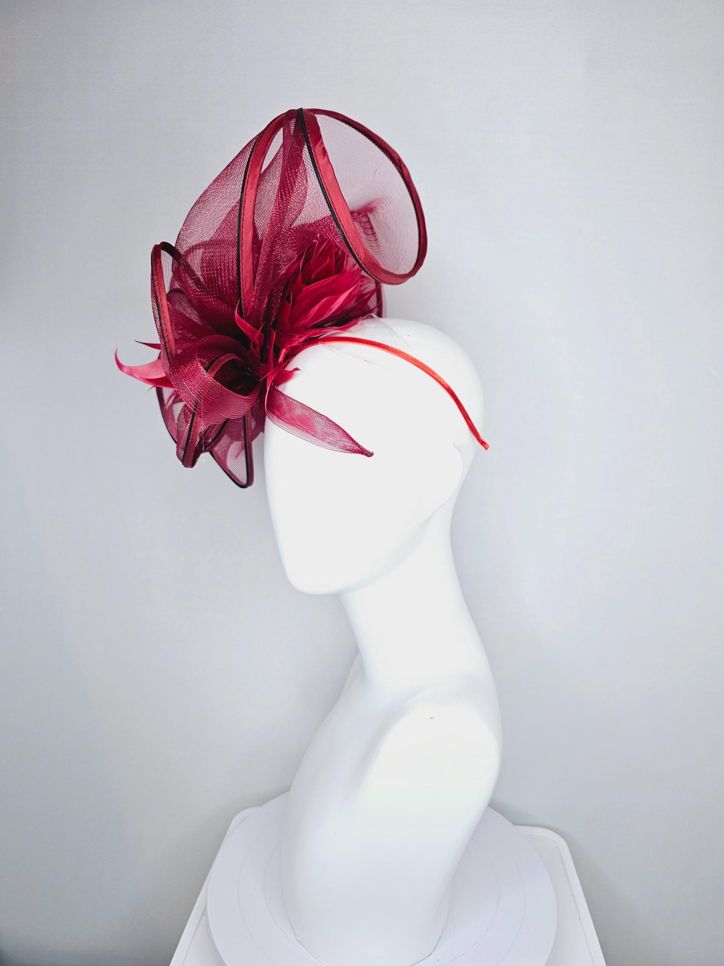 kentucky derby hat fascinator with red burgundy wine mesh and wired ribbon large bendable decor with red branching feathers