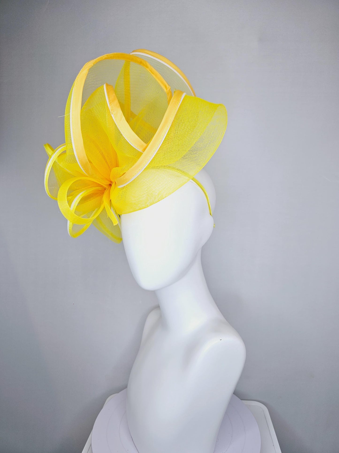 kentucky derby hat fascinator with bright yellow mesh and wired ribbon large bendable decor with bright yellow branching feathers