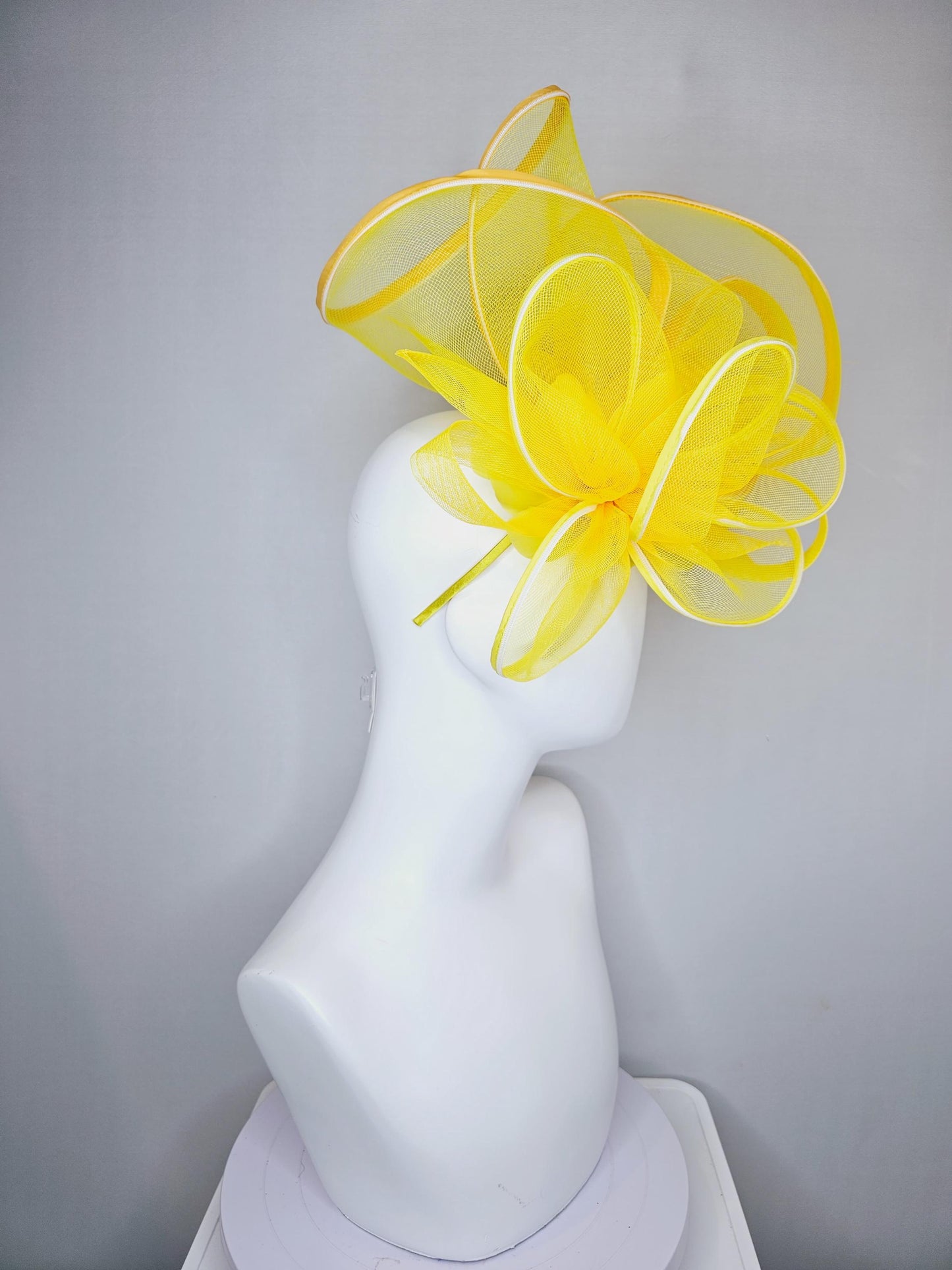 kentucky derby hat fascinator with bright yellow mesh and wired ribbon large bendable decor with bright yellow branching feathers