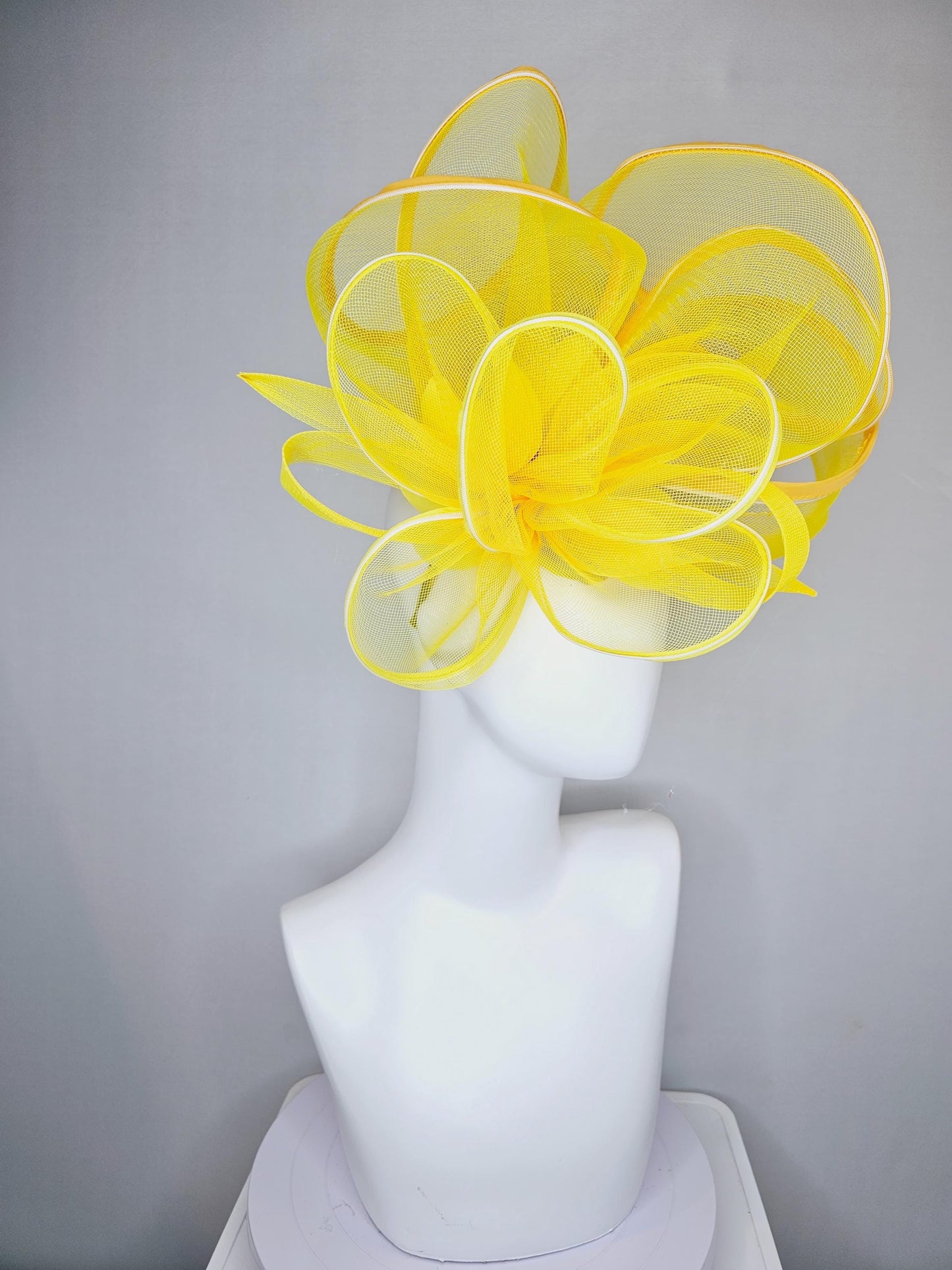 kentucky derby hat fascinator with bright yellow mesh and wired ribbon large bendable decor with bright yellow branching feathers