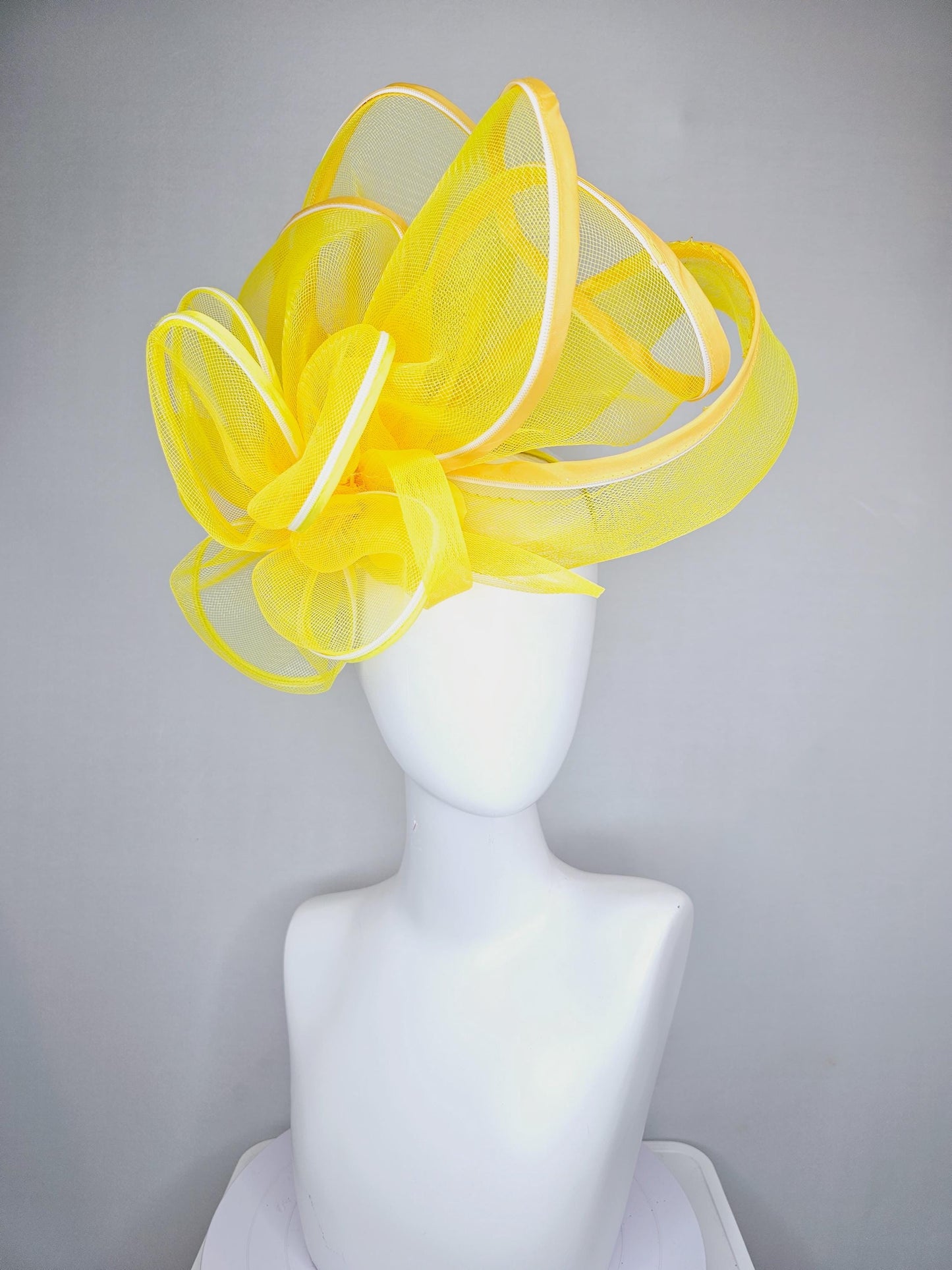 kentucky derby hat fascinator with bright yellow mesh and wired ribbon large bendable decor with bright yellow branching feathers