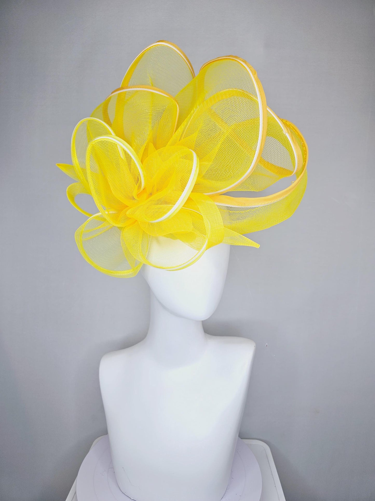 kentucky derby hat fascinator with bright yellow mesh and wired ribbon large bendable decor with bright yellow branching feathers