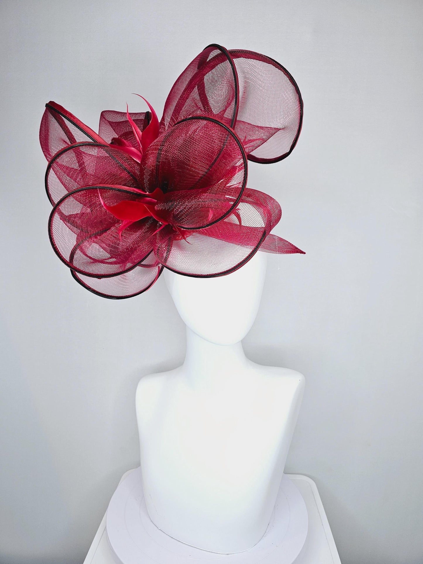 kentucky derby hat fascinator with red burgundy wine mesh and wired ribbon large bendable decor with red branching feathers