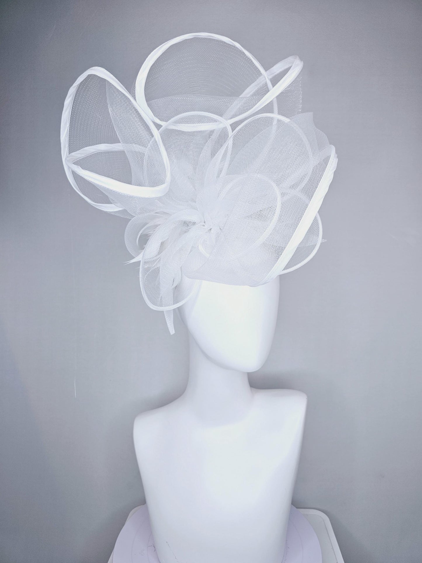 kentucky derby hat fascinator with white neutral mesh and wired ribbon large bendable decor with white branching feathers