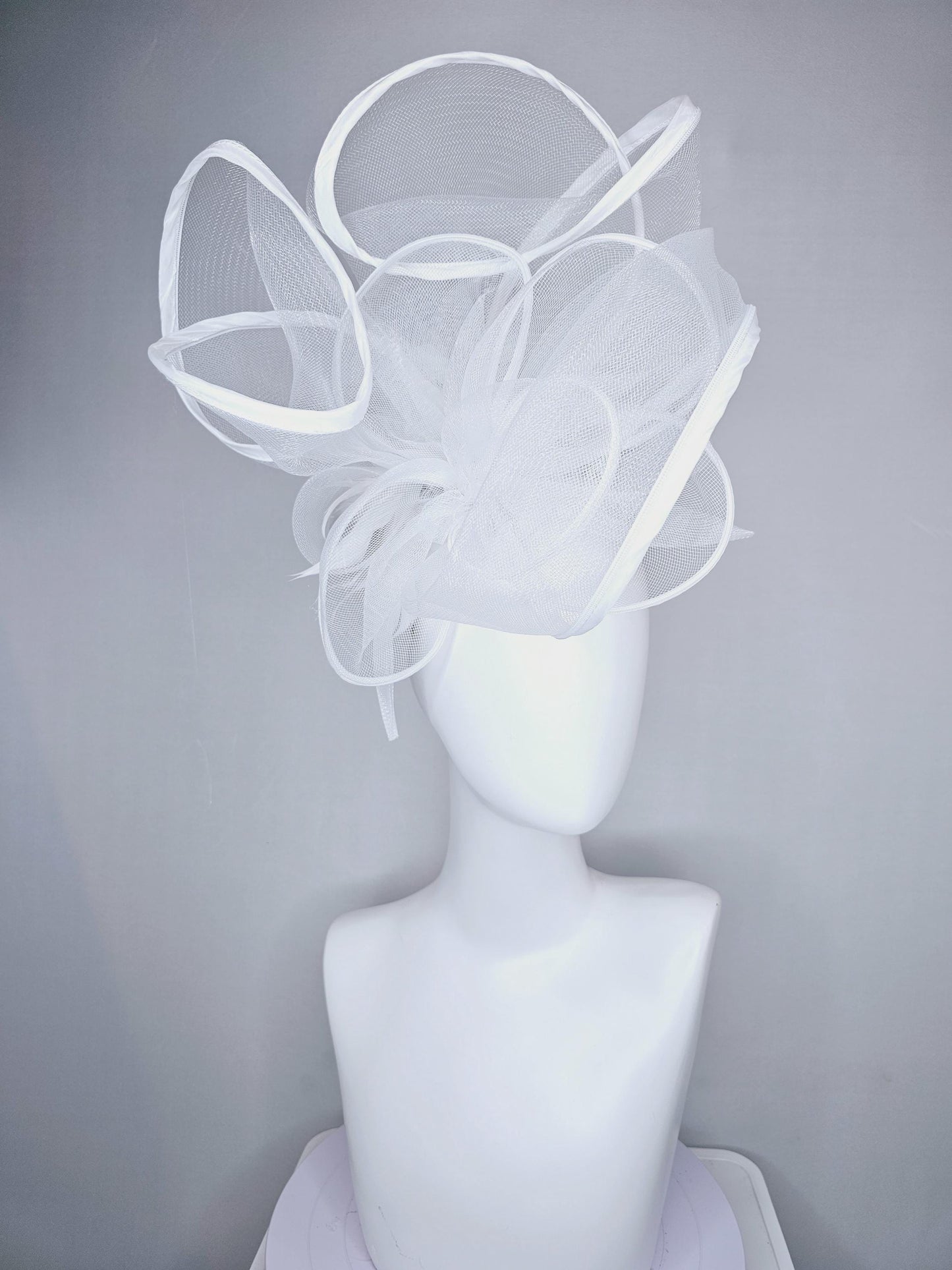 kentucky derby hat fascinator with white neutral mesh and wired ribbon large bendable decor with white branching feathers