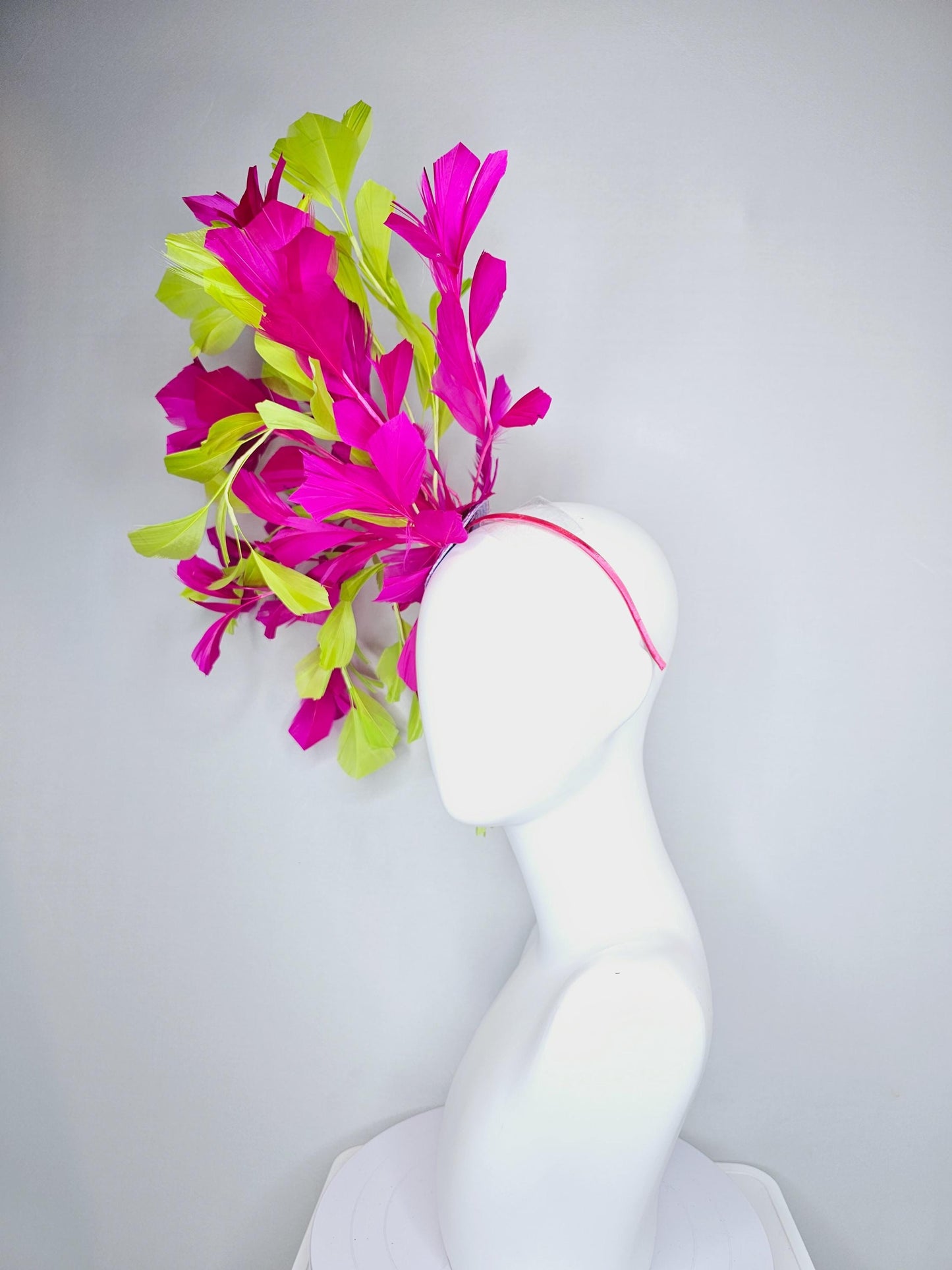 kentucky derby hat fascinator large bright yellow and fuchsia pink branching feathers