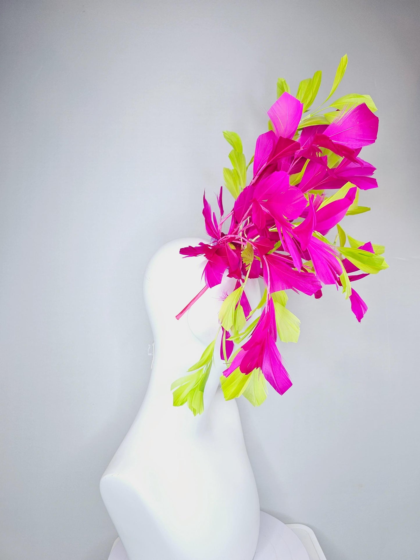 kentucky derby hat fascinator large bright yellow and fuchsia pink branching feathers