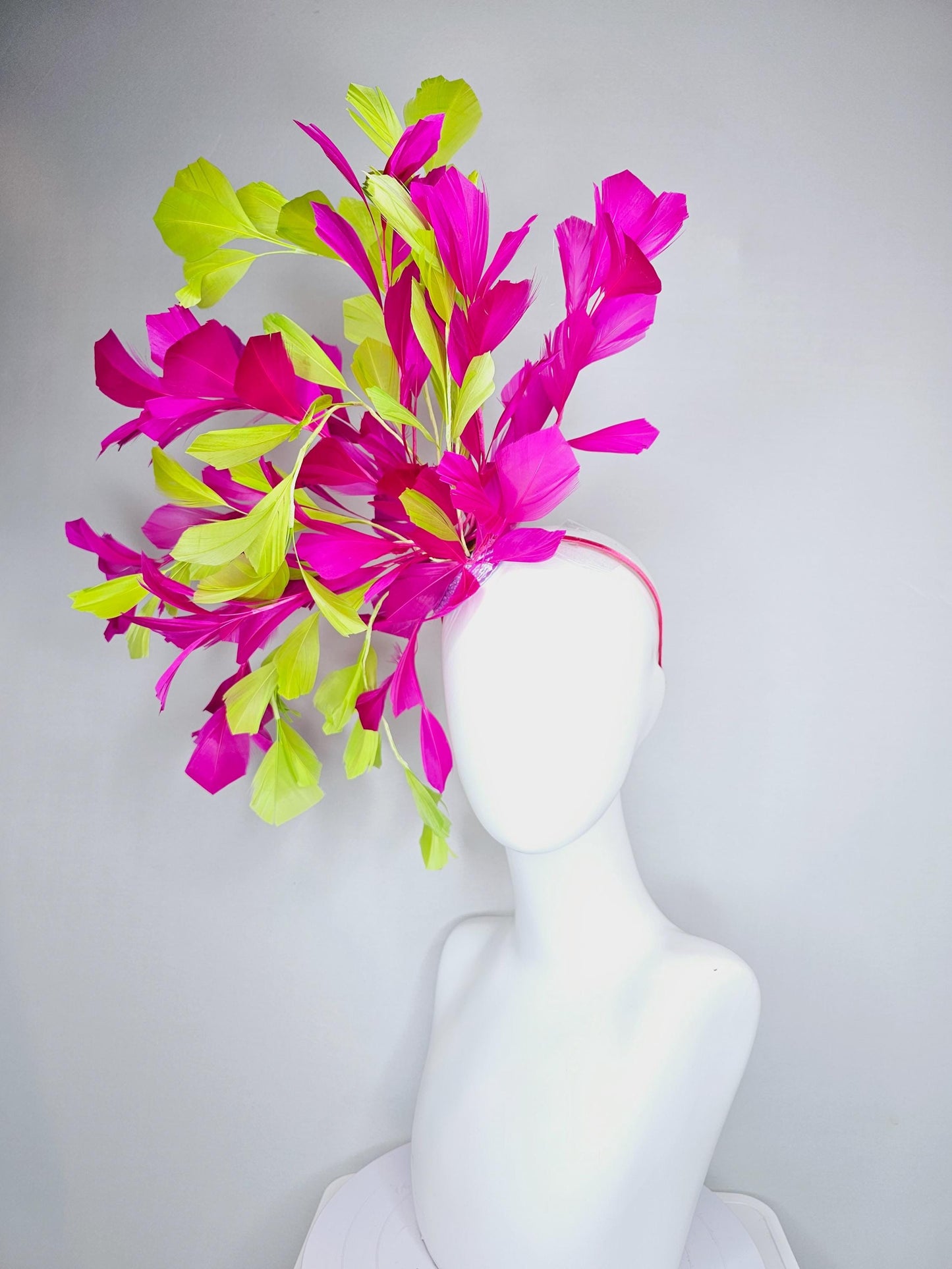 kentucky derby hat fascinator large bright yellow and fuchsia pink branching feathers