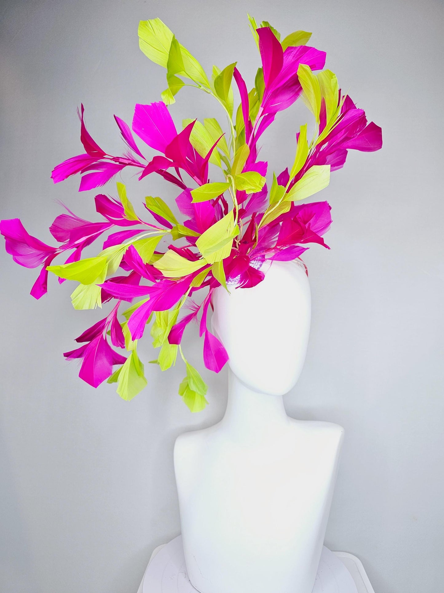 kentucky derby hat fascinator large bright yellow and fuchsia pink branching feathers