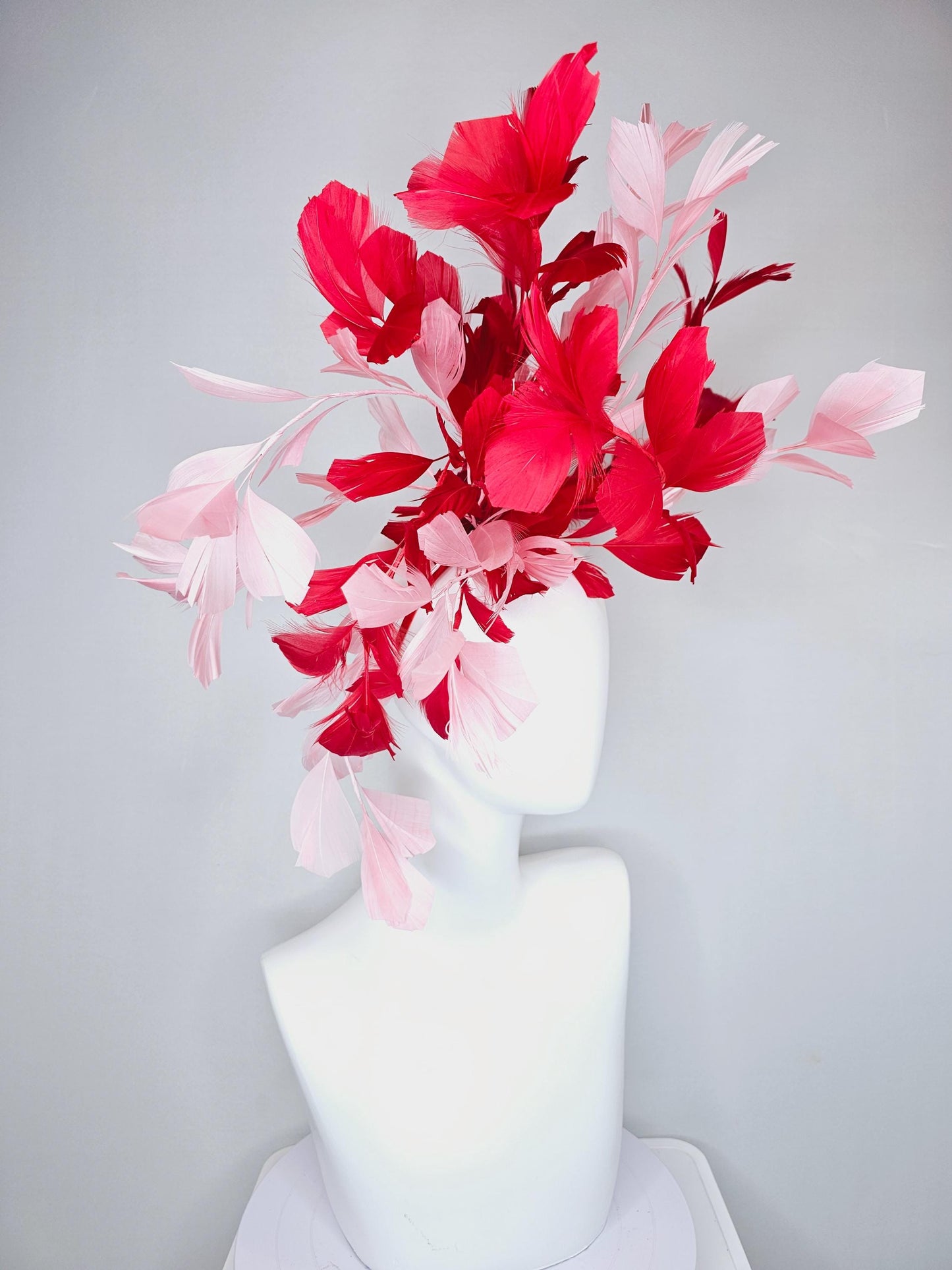 kentucky derby hat fascinator large cherry red and light blush pink branching feathers