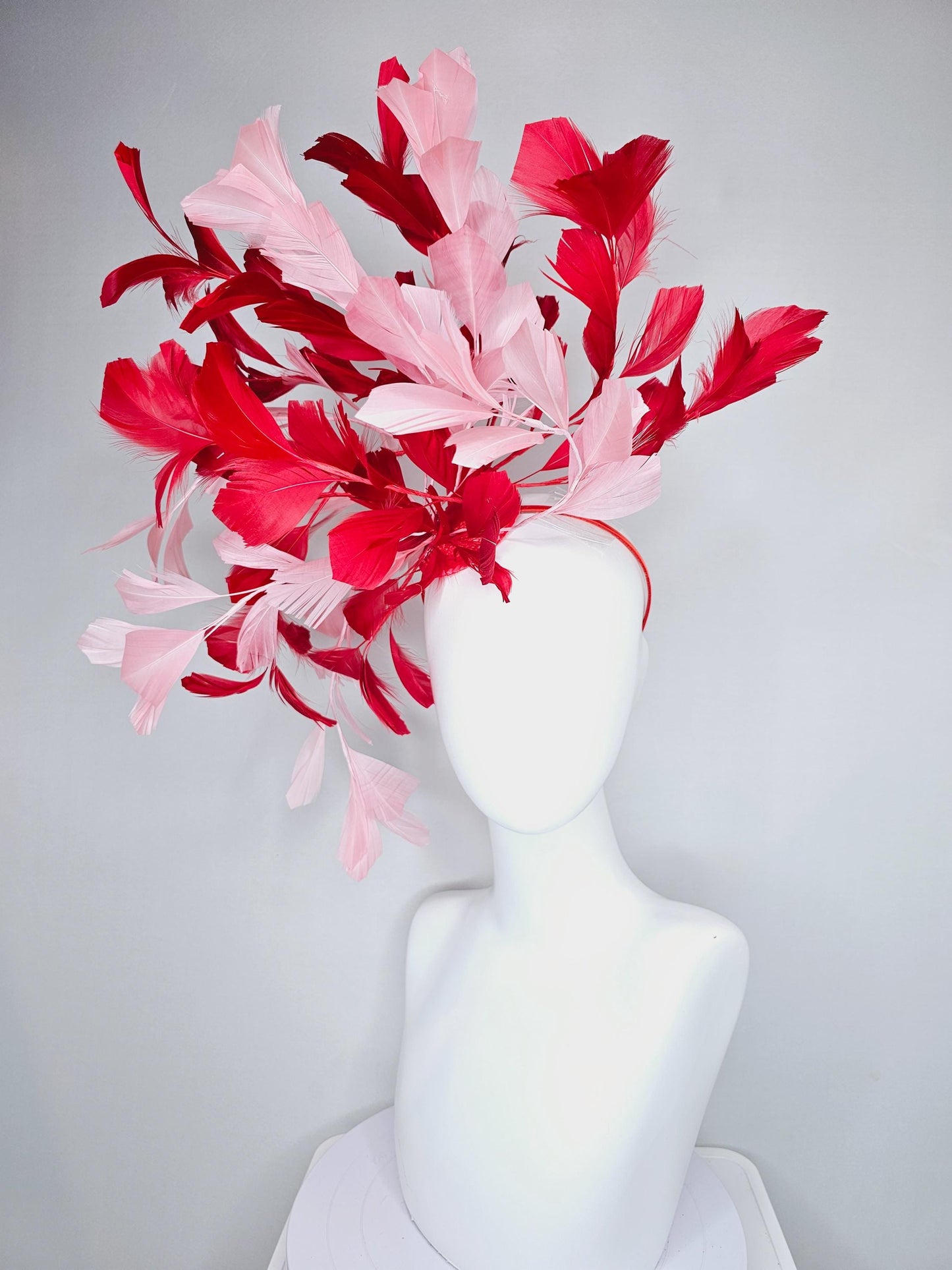 kentucky derby hat fascinator large cherry red and light blush pink branching feathers