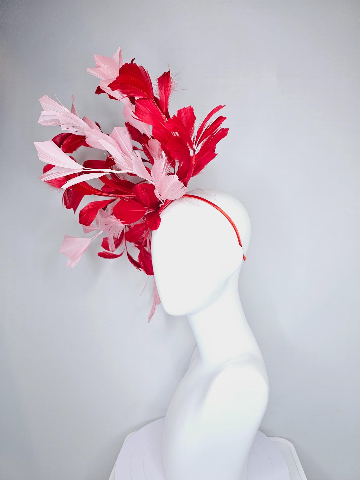 kentucky derby hat fascinator large cherry red and light blush pink branching feathers