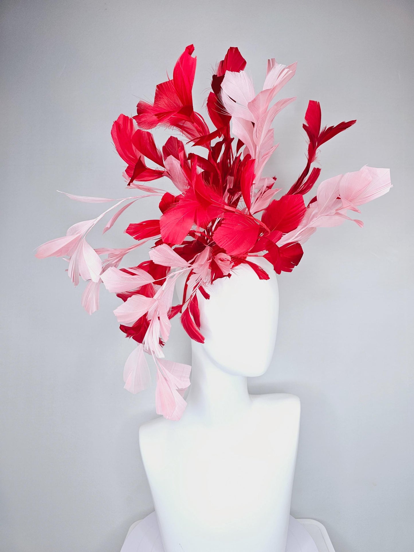 kentucky derby hat fascinator large cherry red and light blush pink branching feathers