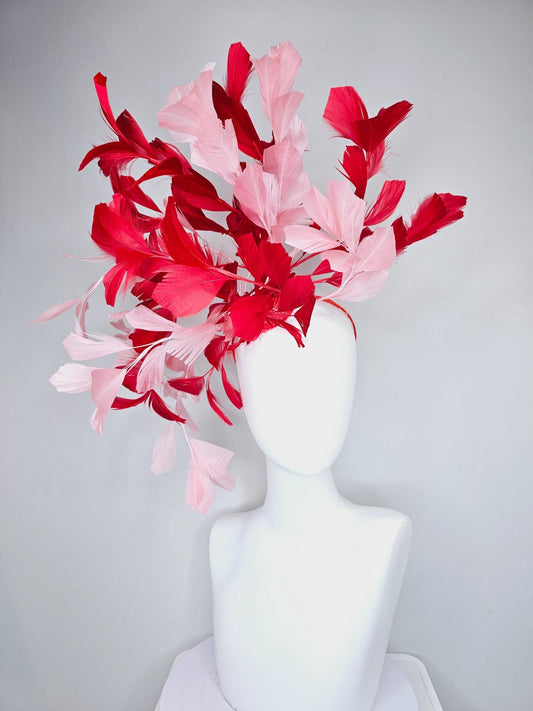 kentucky derby hat fascinator large cherry red and light blush pink branching feathers