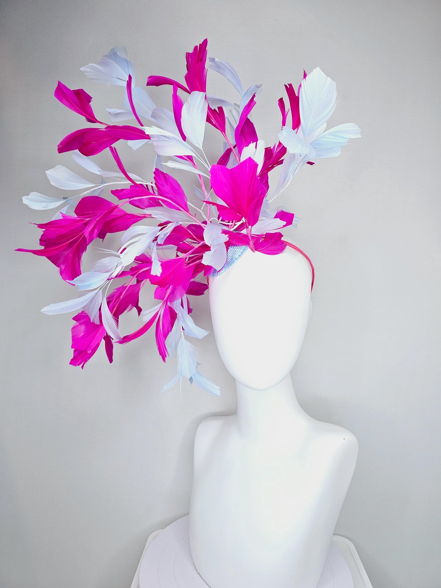 kentucky derby hat fascinator large hot pink fuchsia and light purple lavender branching feathers