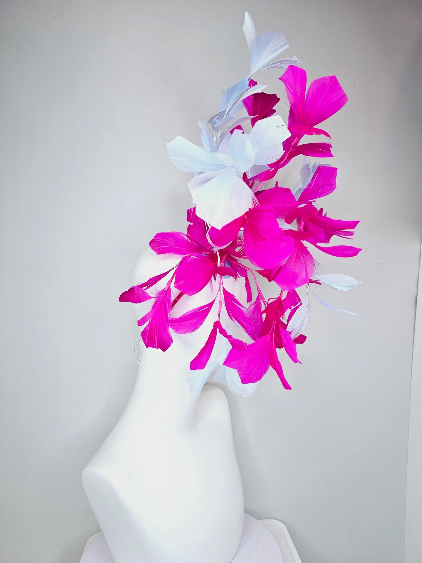 kentucky derby hat fascinator large hot pink fuchsia and light purple lavender branching feathers