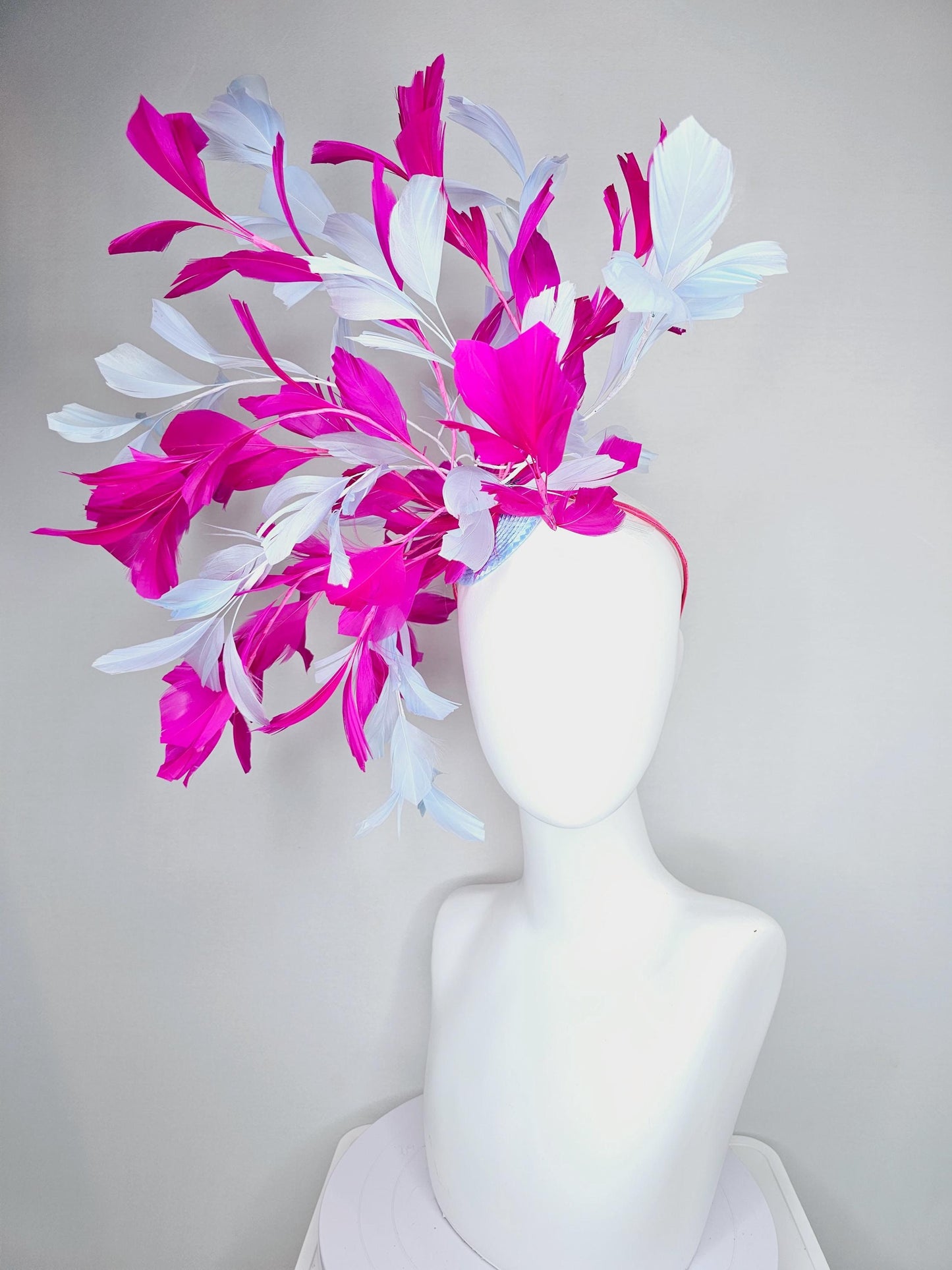 kentucky derby hat fascinator large hot pink fuchsia and light purple lavender branching feathers