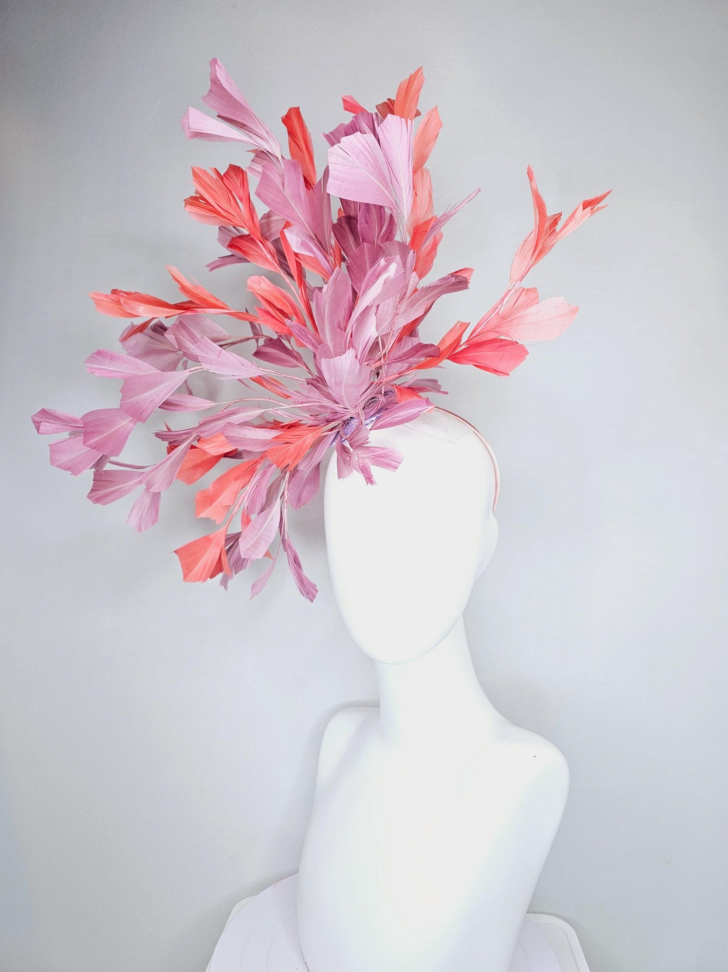 kentucky derby hat fascinator large dusty pink and orange coral branching feathers