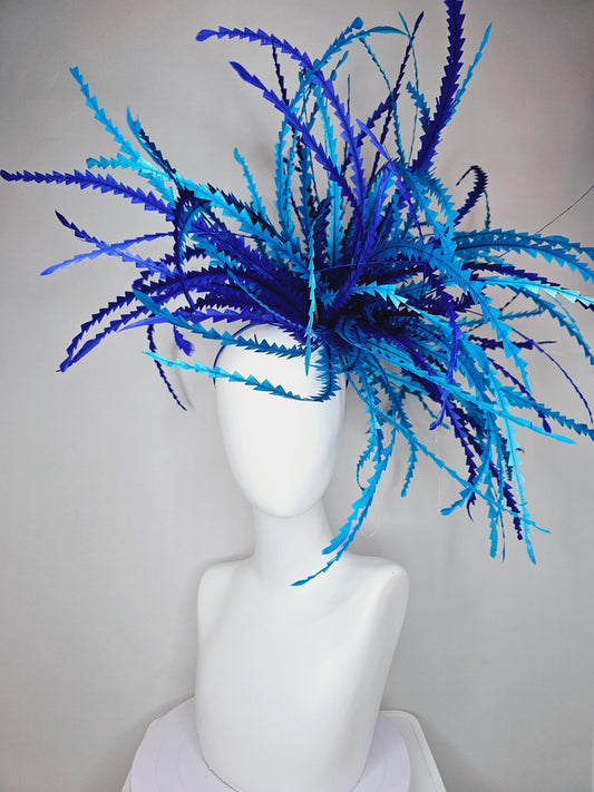 kentucky derby hat fascinator huge cobalt blue, royal blue, sky blue zigzag branching feathers headpiece