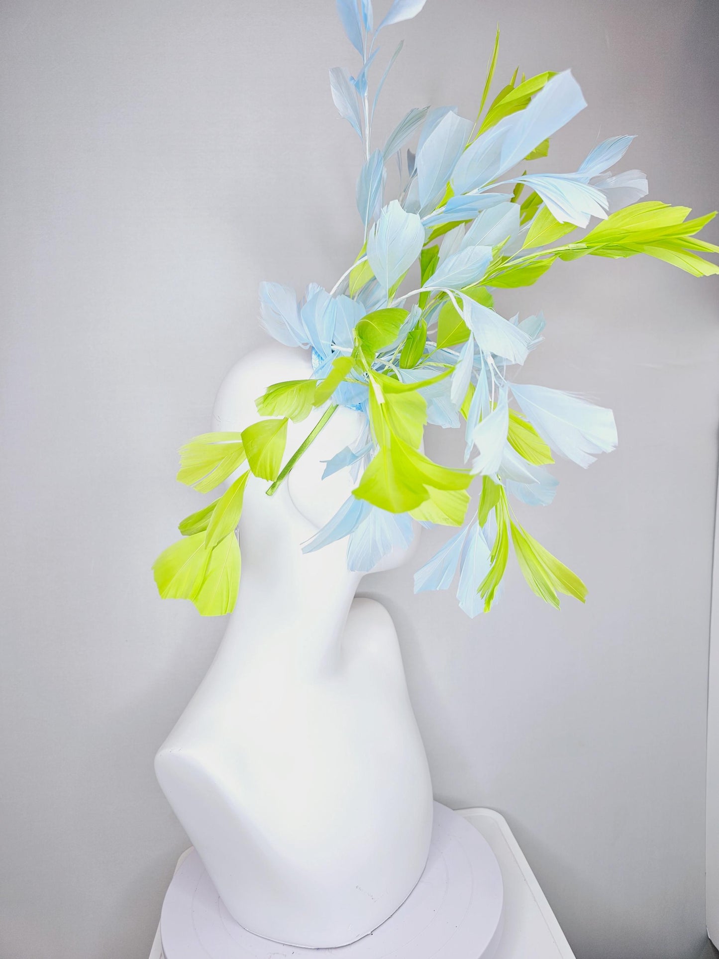 kentucky derby hat fascinator huge light baby blue and lime green yellow branching feathers