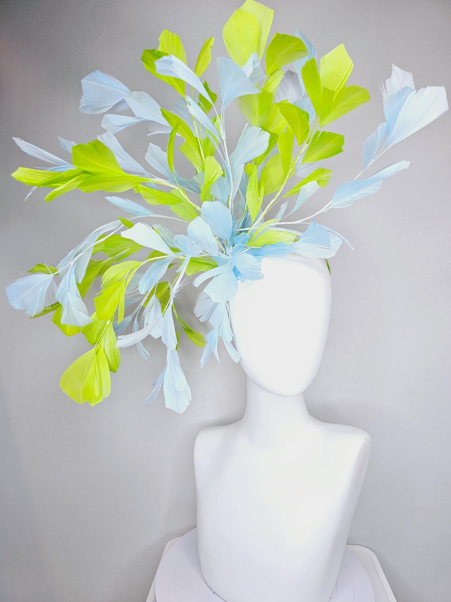 kentucky derby hat fascinator huge light baby blue and lime green yellow branching feathers