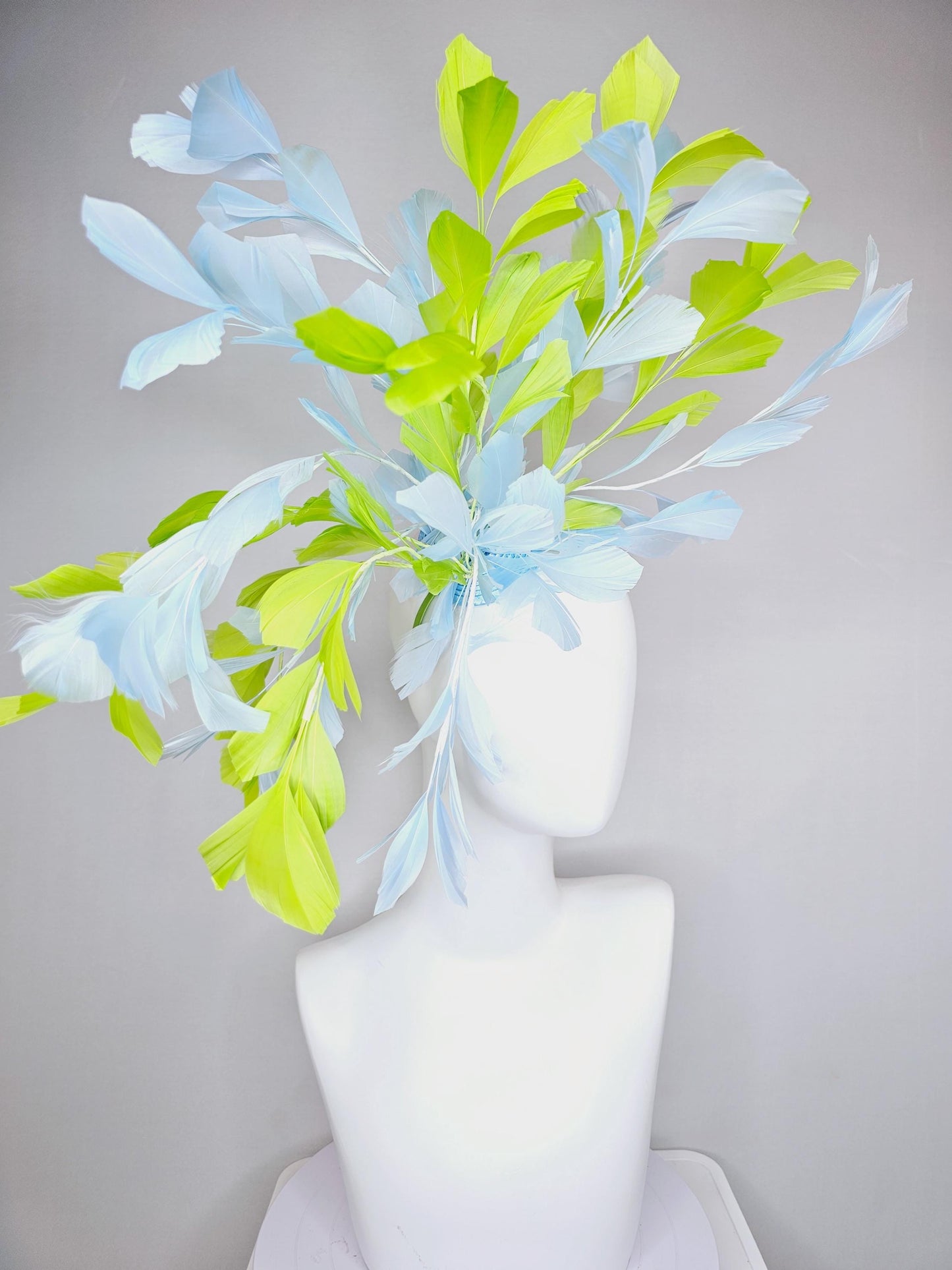 kentucky derby hat fascinator huge light baby blue and lime green yellow branching feathers