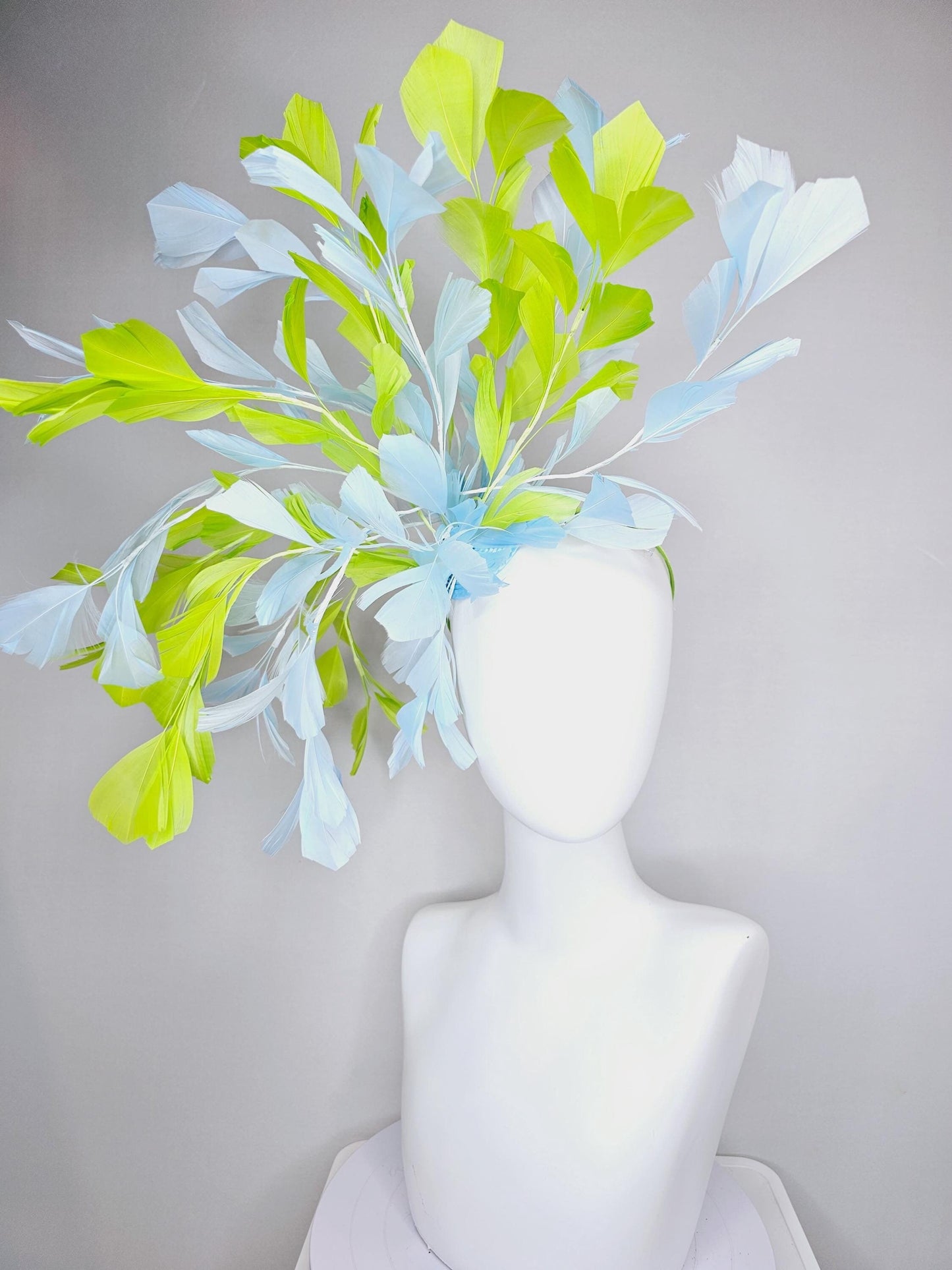 kentucky derby hat fascinator huge light baby blue and lime green yellow branching feathers