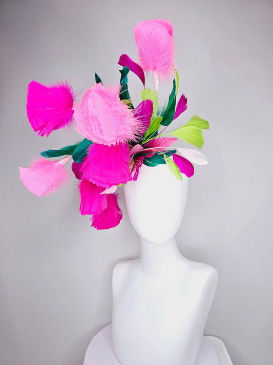 kentucky derby hat fascinator hot pink fuchsia and blush pink feather flowers with emerald green lime green white pink branching feathers