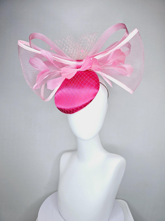 kentucky derby hat fascinator hot pink satin with netting, branching light blush pink feathers and large mesh light pink bow