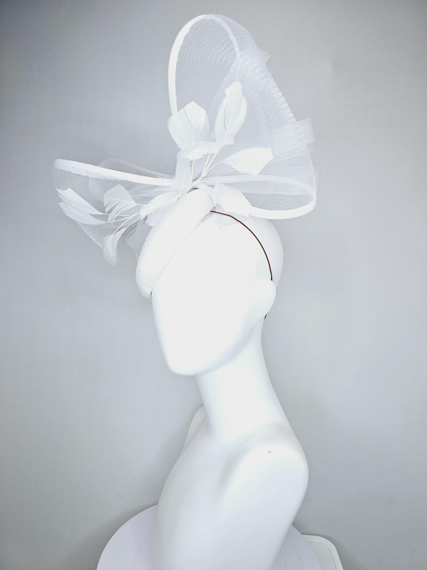 kentucky derby hat fascinator white satin with netting, branching white feathers and large mesh white bow