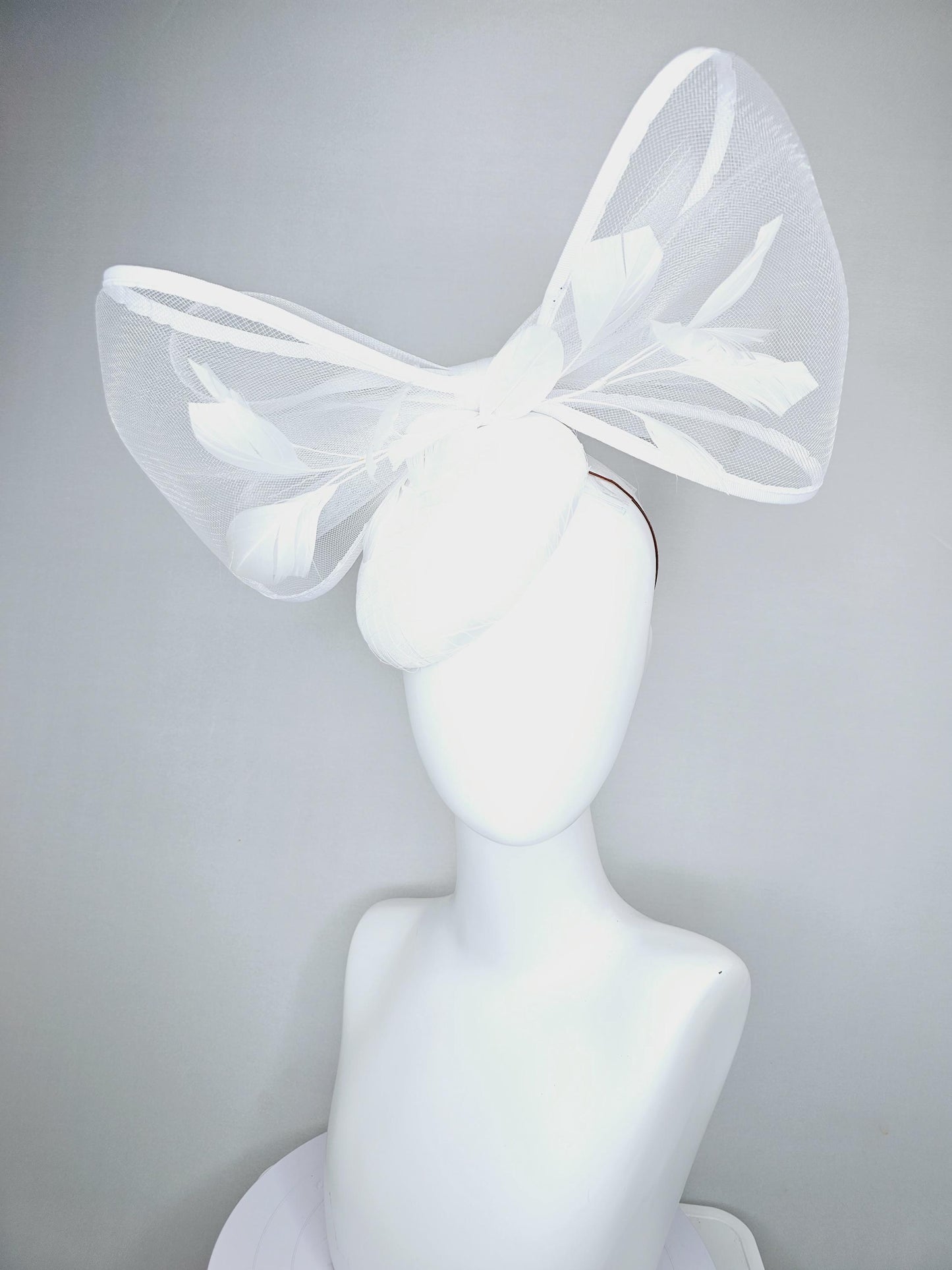 kentucky derby hat fascinator white satin with netting, branching white feathers and large mesh white bow