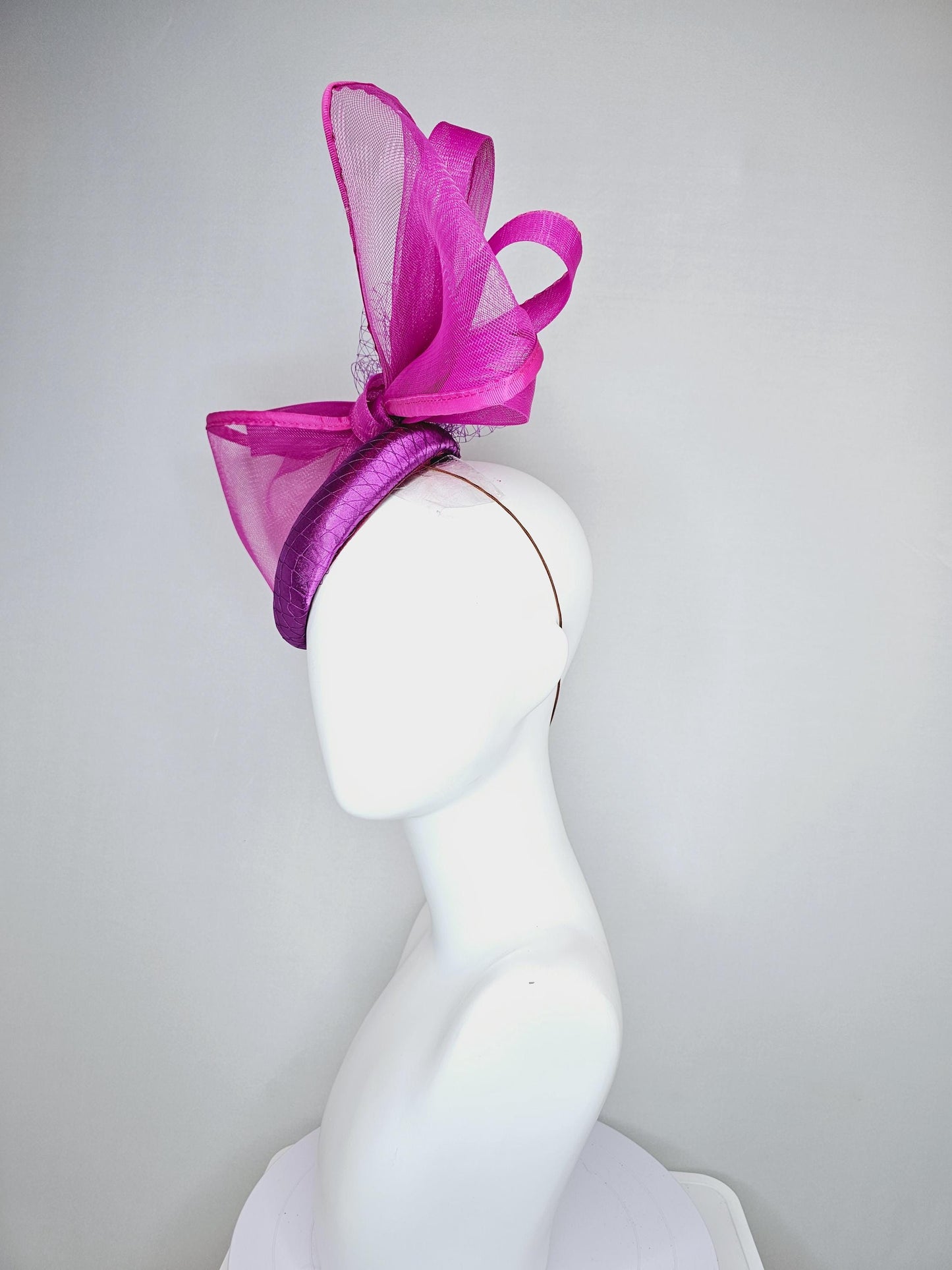 kentucky derby hat fascinator violet purple satin with netting and large mesh magenta purple pink bow