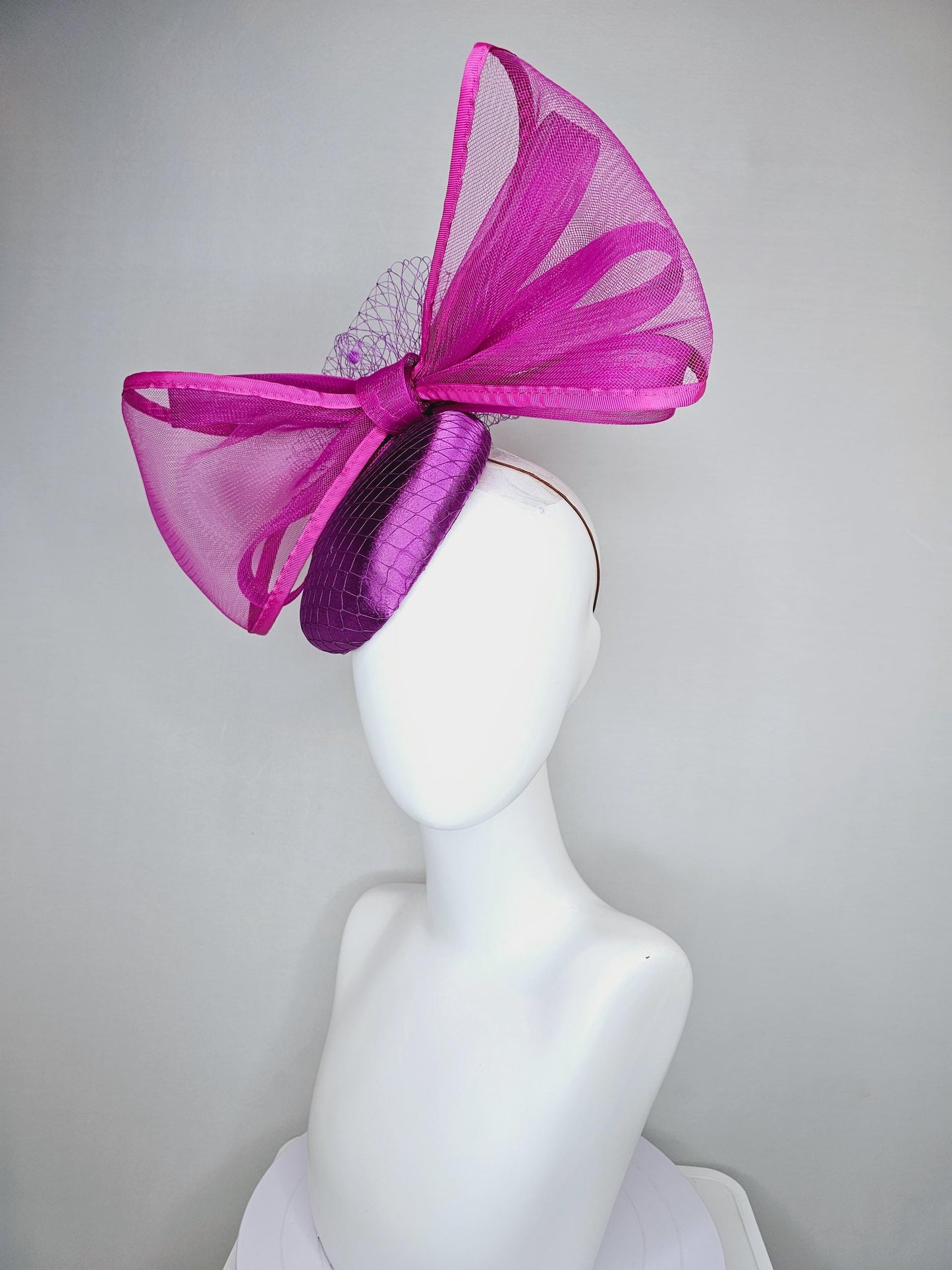 kentucky derby hat fascinator violet purple satin with netting and large mesh magenta purple pink bow