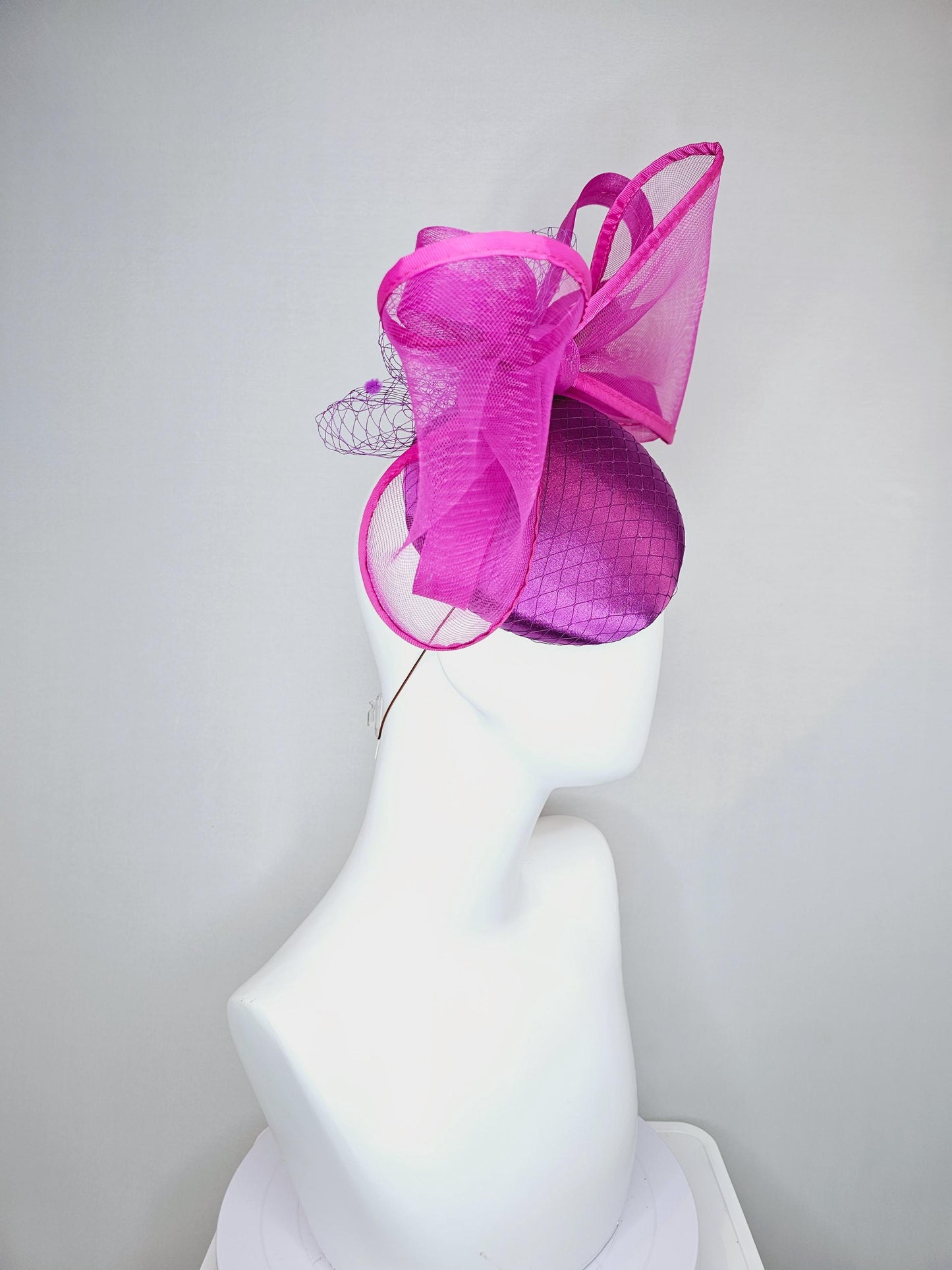 kentucky derby hat fascinator violet purple satin with netting and large mesh magenta purple pink bow