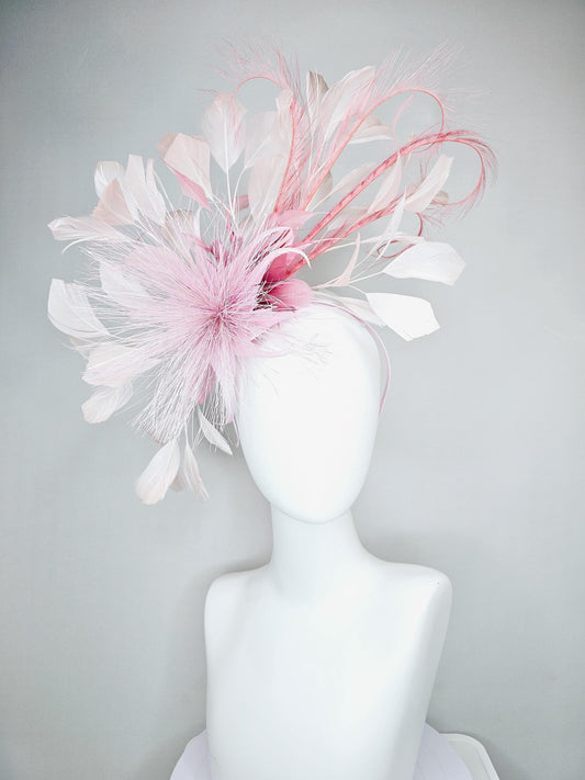 kentucky derby hat fascinator blush baby pink spiky feather flower, pale pink, blush pink branching feathers and light pink feather curls