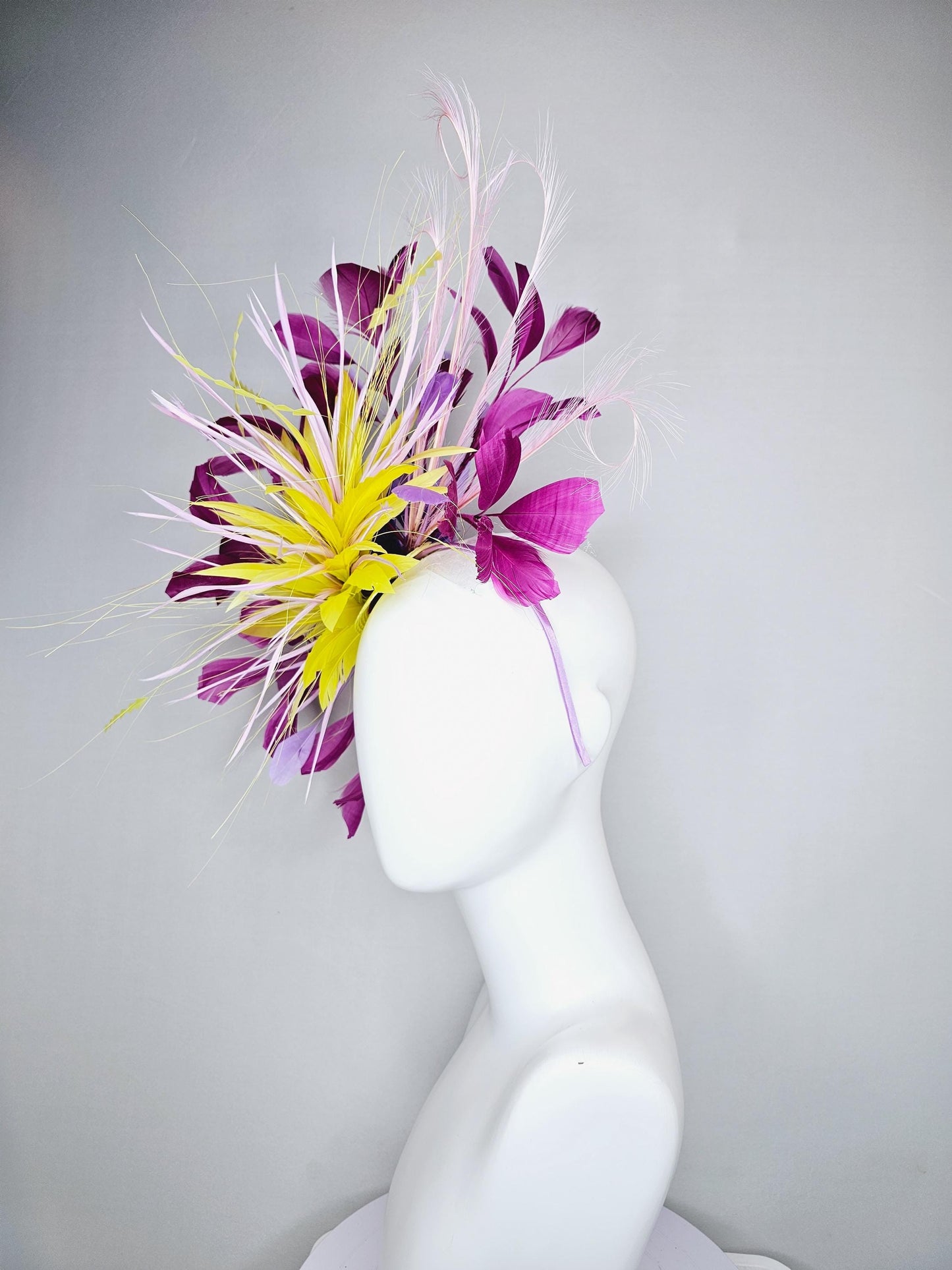 kentucky derby hat fascinator yellow magenta lavender purple branching feathers with light lavender feather curls and yellow zigzag feathers