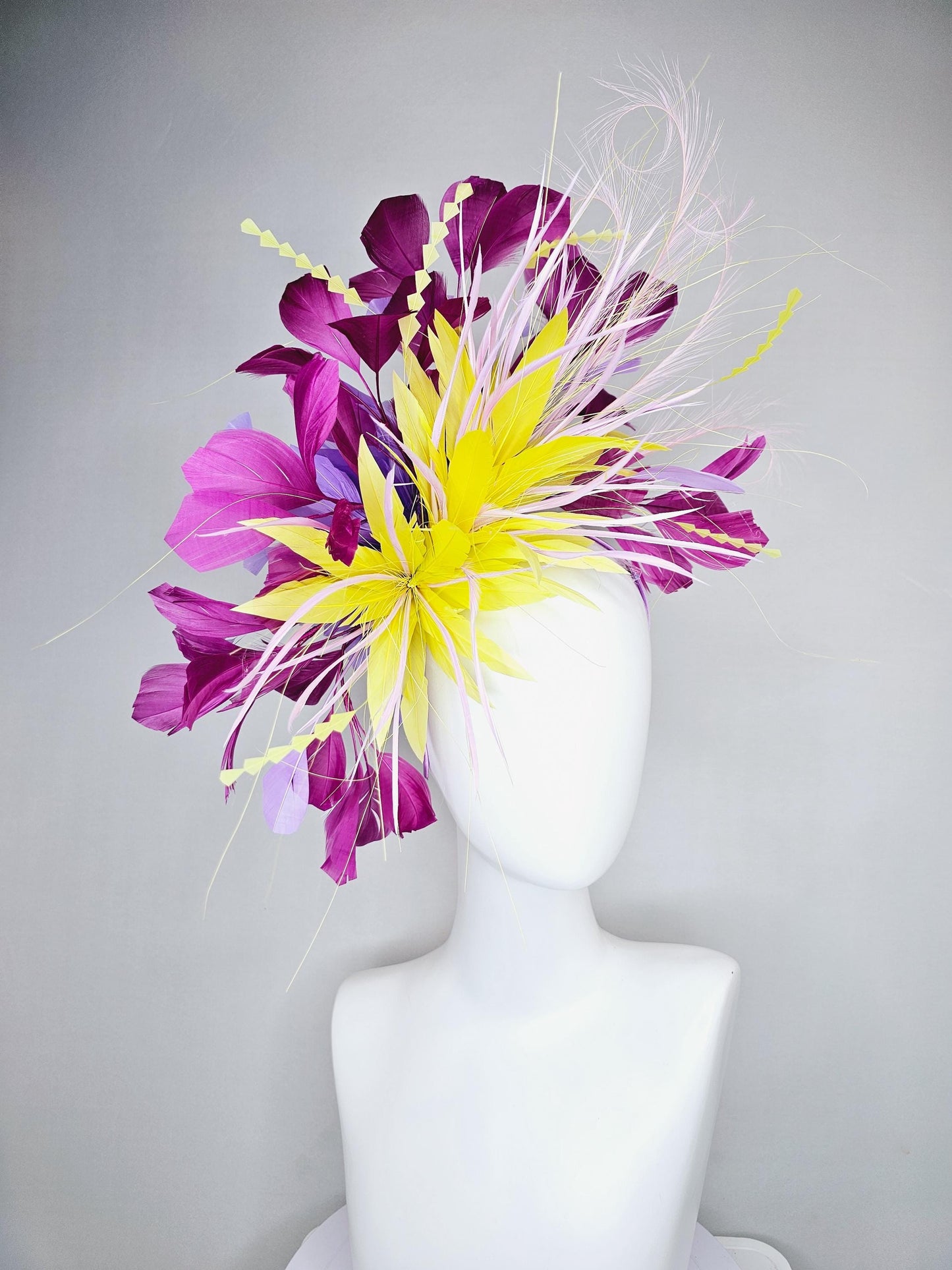 kentucky derby hat fascinator yellow magenta lavender purple branching feathers with light lavender feather curls and yellow zigzag feathers