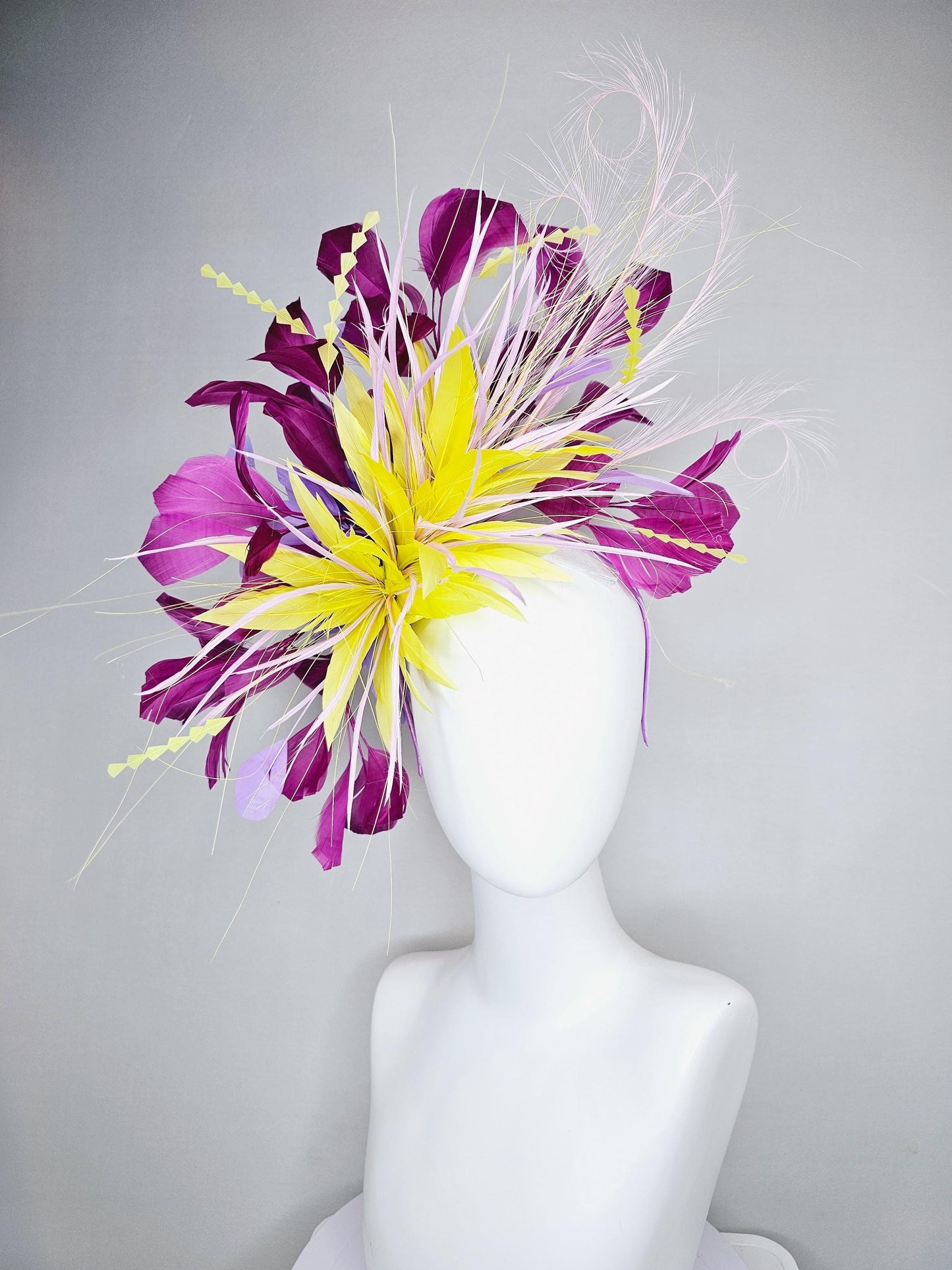 kentucky derby hat fascinator yellow magenta lavender purple branching feathers with light lavender feather curls and yellow zigzag feathers