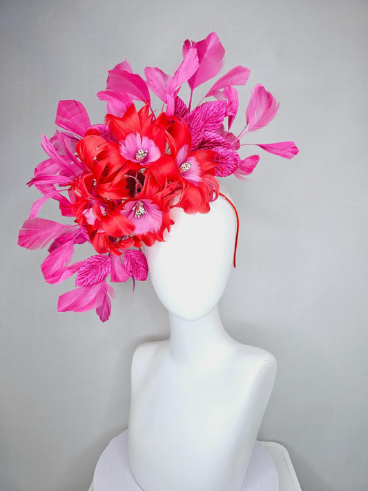 kentucky derby hat fascinator with cherry red feather flowers with blush pink feather cores, pink leaves and pink branching feathers